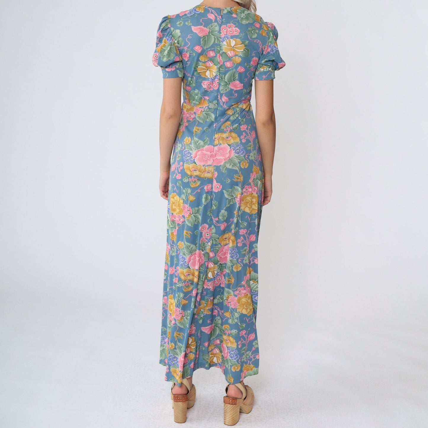 70s Blue Floral Maxi Dress Empire Waist Puff Sleeve V Neck Extra Small