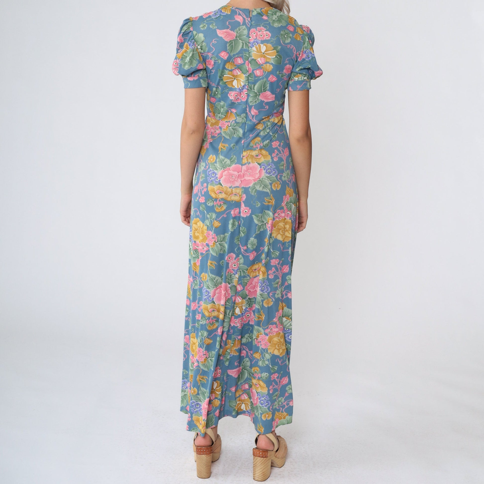 70s Blue Floral Maxi Dress Empire Waist Puff Sleeve V Neck Extra Small