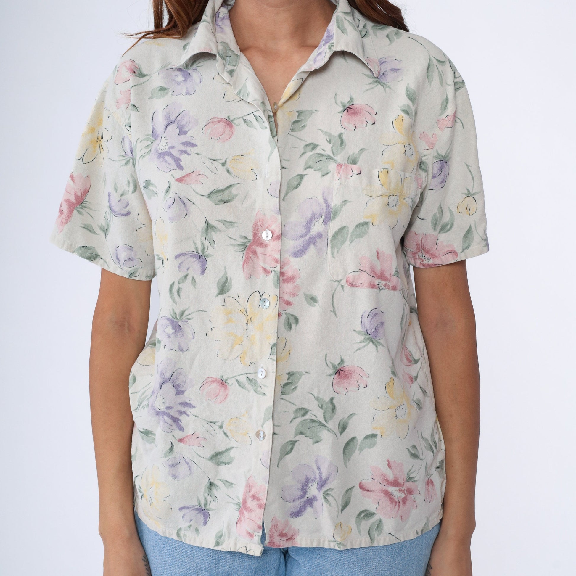 90s Selene Sport Silk Floral Button-Up Blouse Beige Short Sleeve Medium