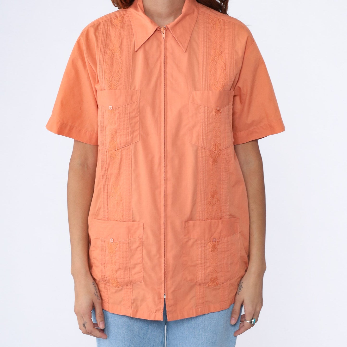90s Orange Embroidered Cuban Zip Shirt Cotton Blend Chest Pockets Medium Large