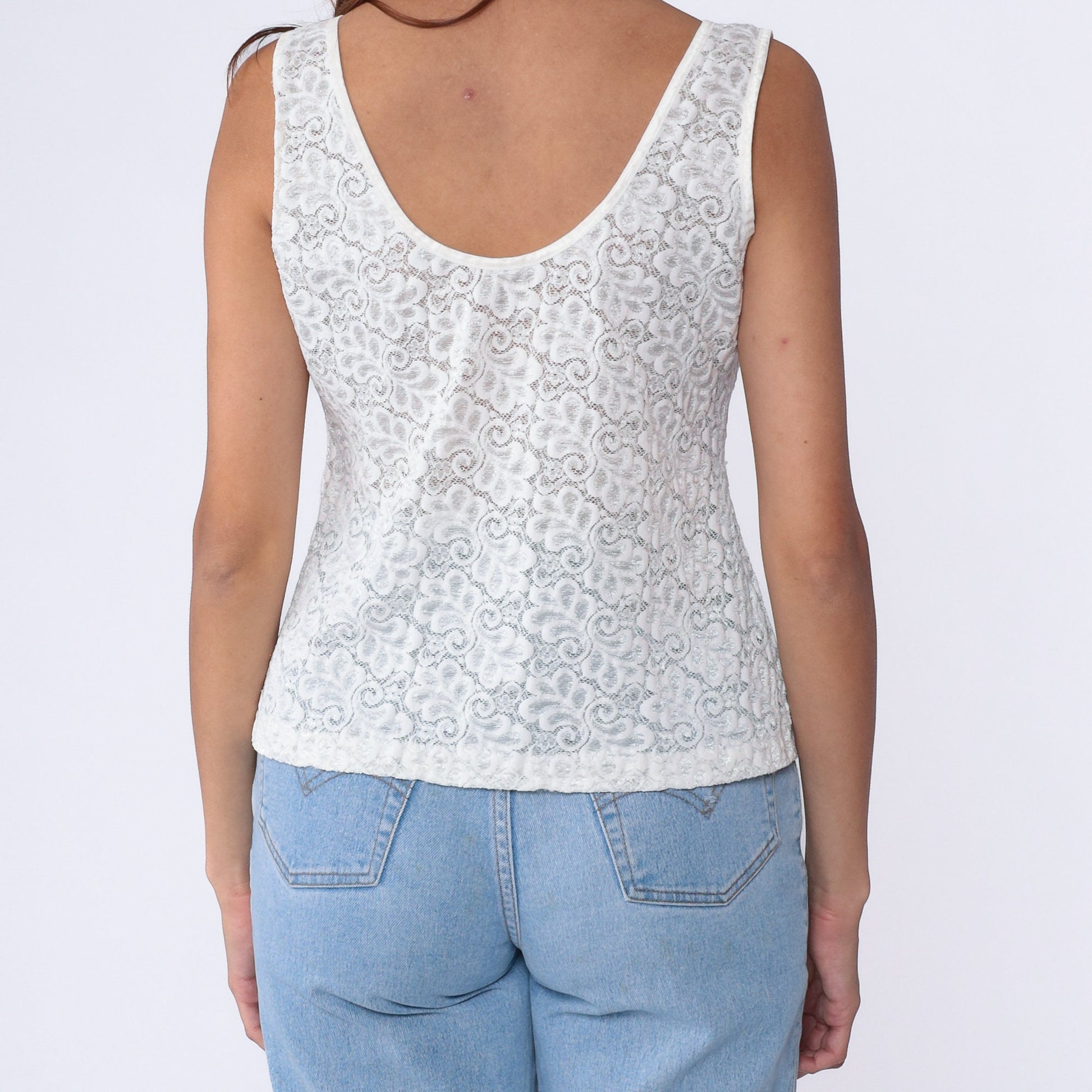 80s White Lace Camisole Sheer Floral Tank Top Large L