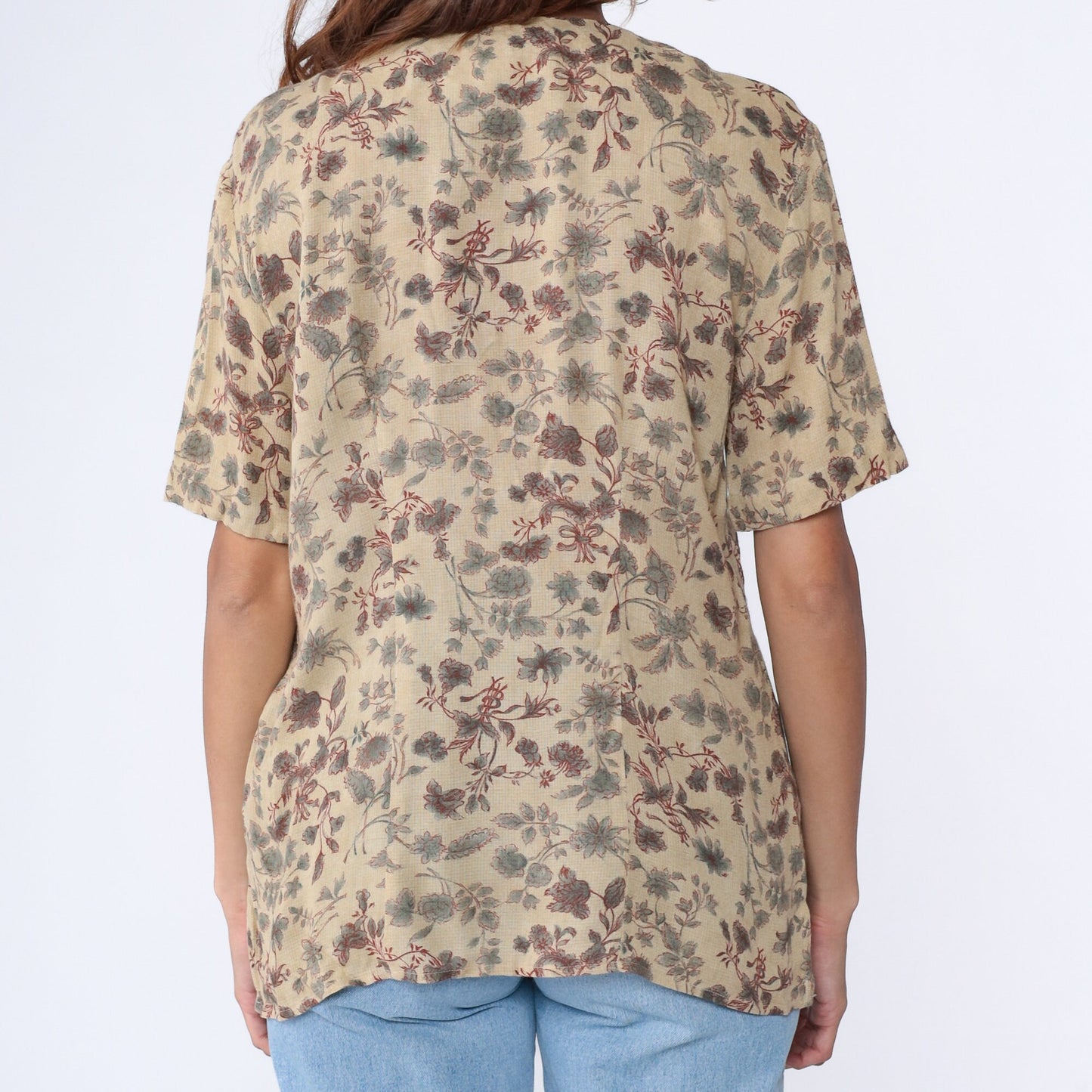 00s Beige Floral Button-Up Blouse Short Sleeve Collarless Shirt Petite 8