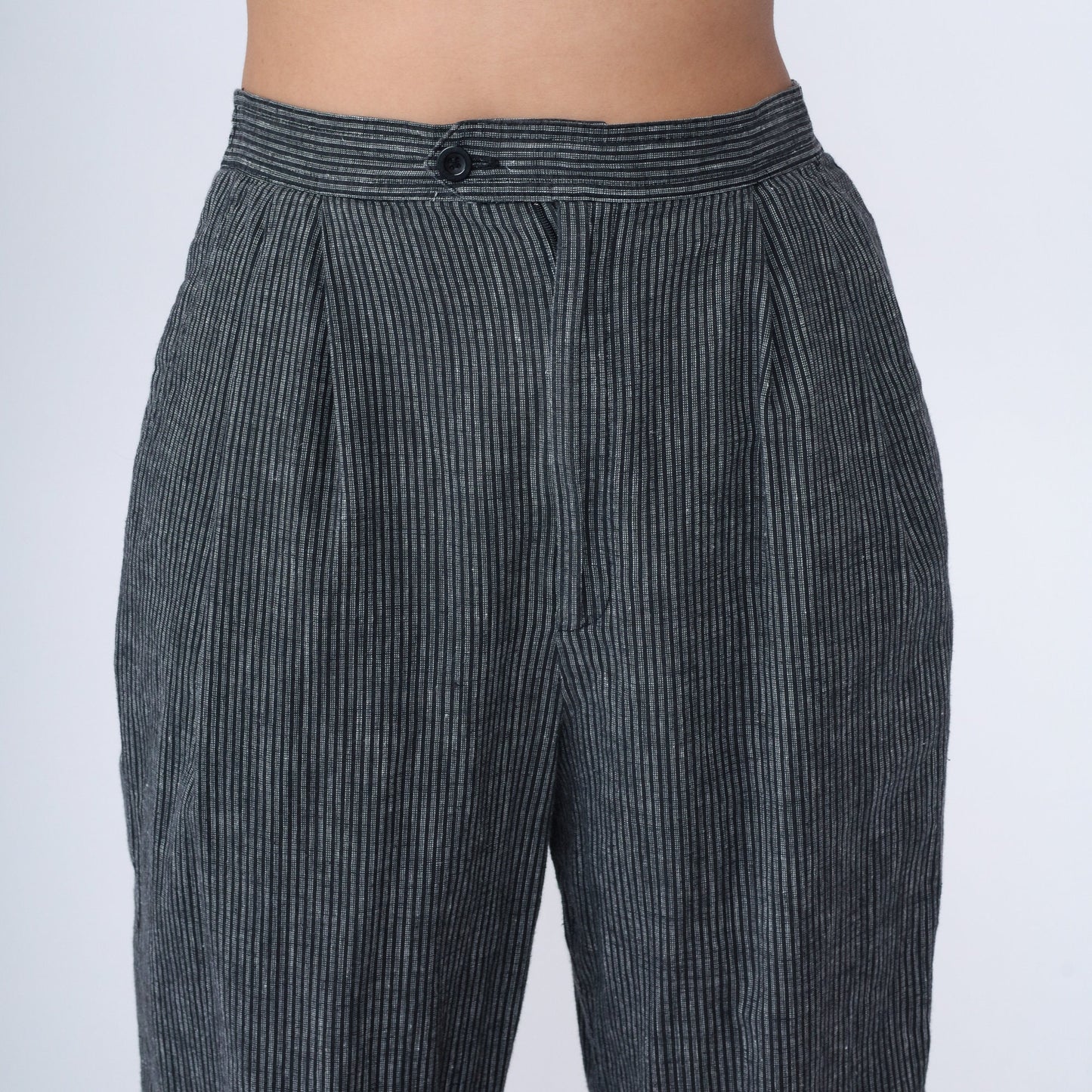 80s Grey Pinstripe High-Rise Trousers Pleated Straight Leg Medium