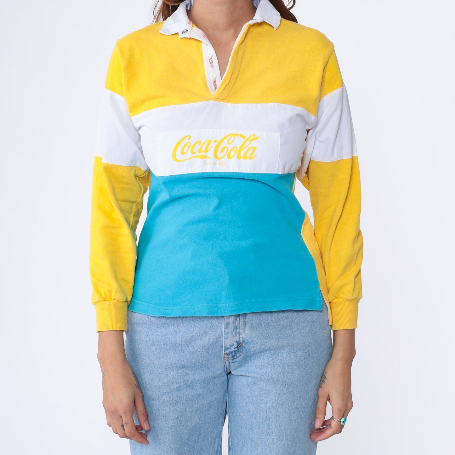 90s Coca-Cola Colour Block Polo Long Sleeve Graphic Tee White Blue Yellow Extra Small
