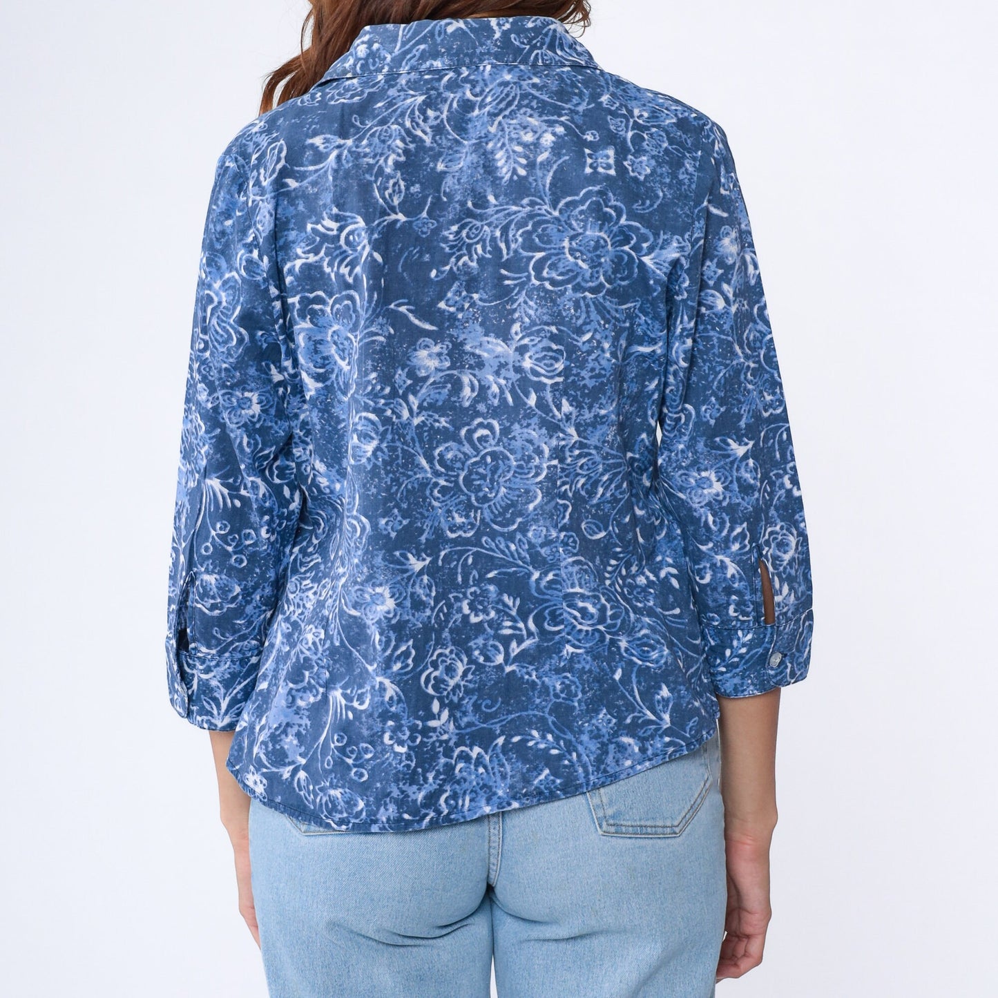 90s Blue Floral Batik Button-Up Blouse 3/4 Sleeve Shirt Medium