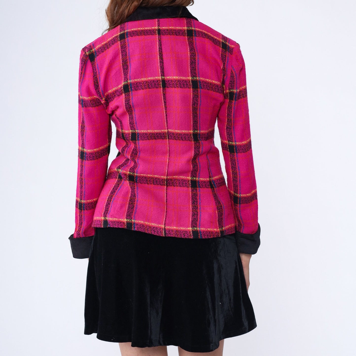 90s Hot Pink Checkered Blazer Tailored Button-Front Jacket Small
