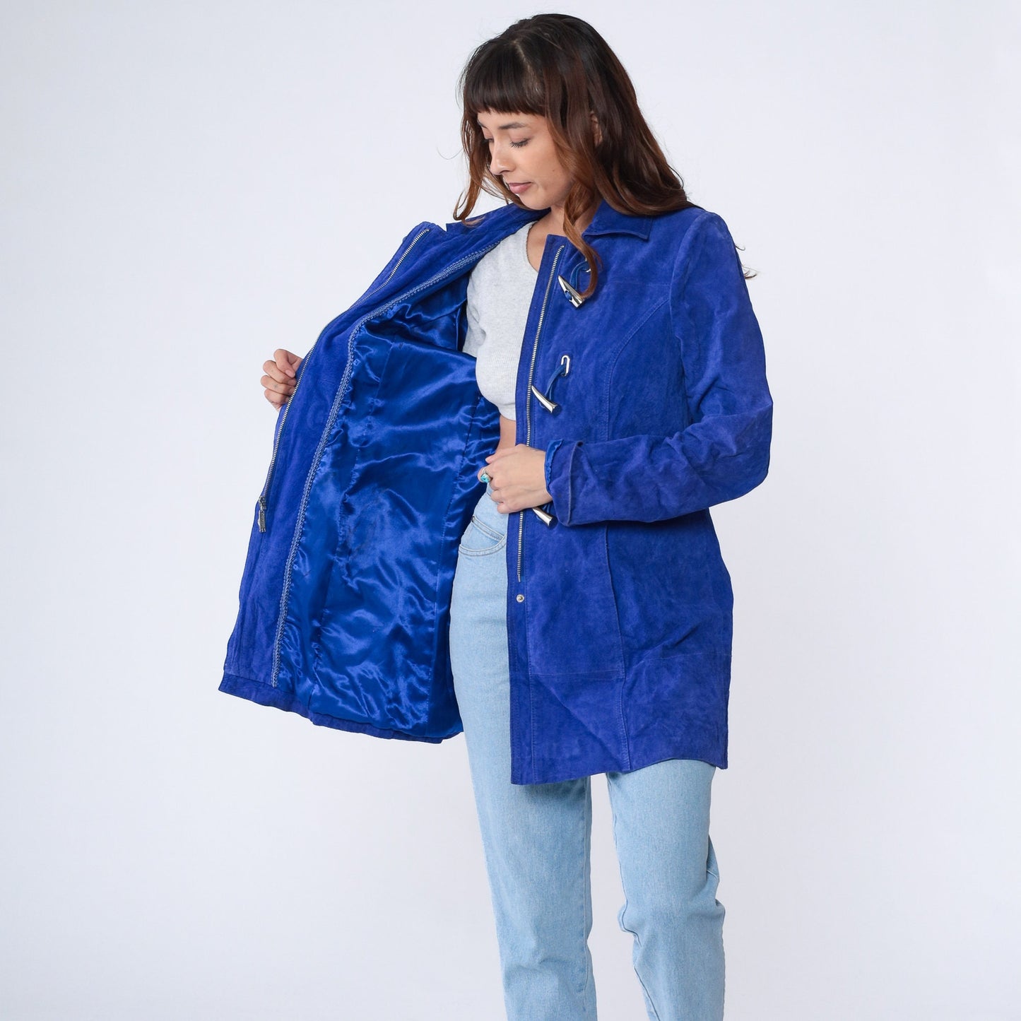Y2K Royal Blue Suede Jacket Toggle Button Longline Small