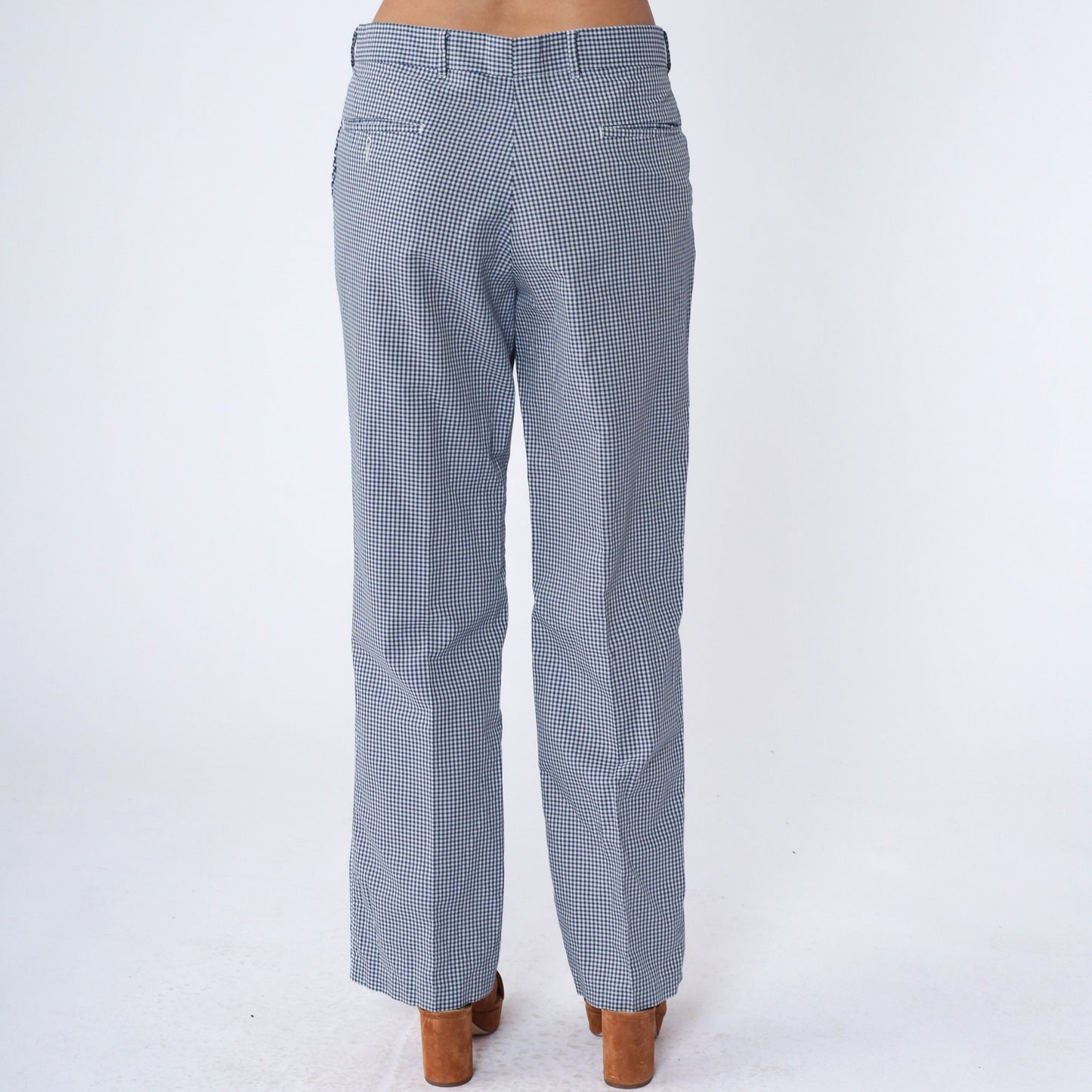 70s Dark Blue White Gingham Straight Leg Trousers High Waist Medium