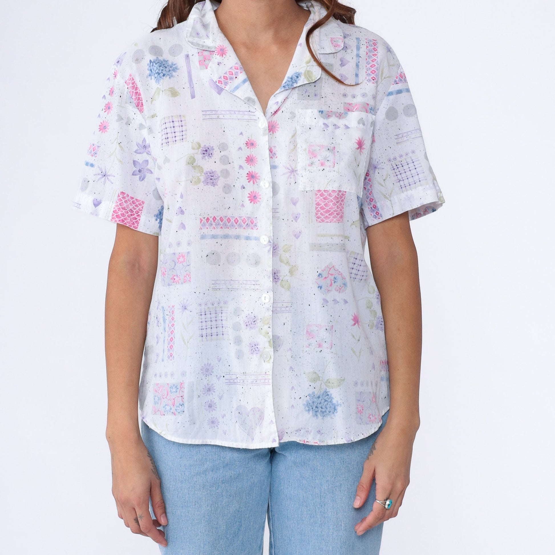 90s White Floral Heart Print Button-Up Blouse Short Sleeve Large L