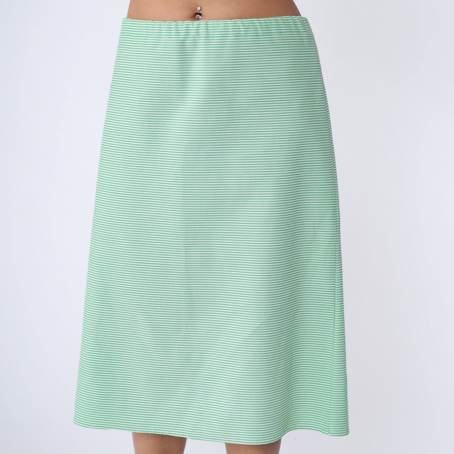 70s Striped Midi Skirt Green White High Waist Straight Polyester Large L