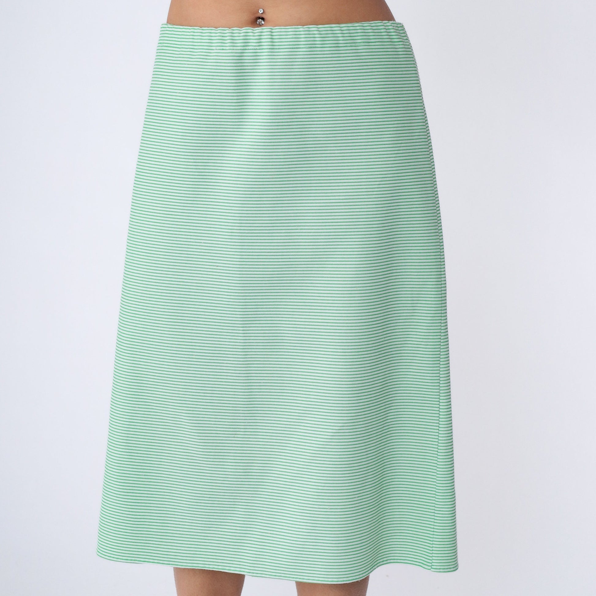 70s Striped Midi Skirt Green White High Waist Straight Polyester Large L