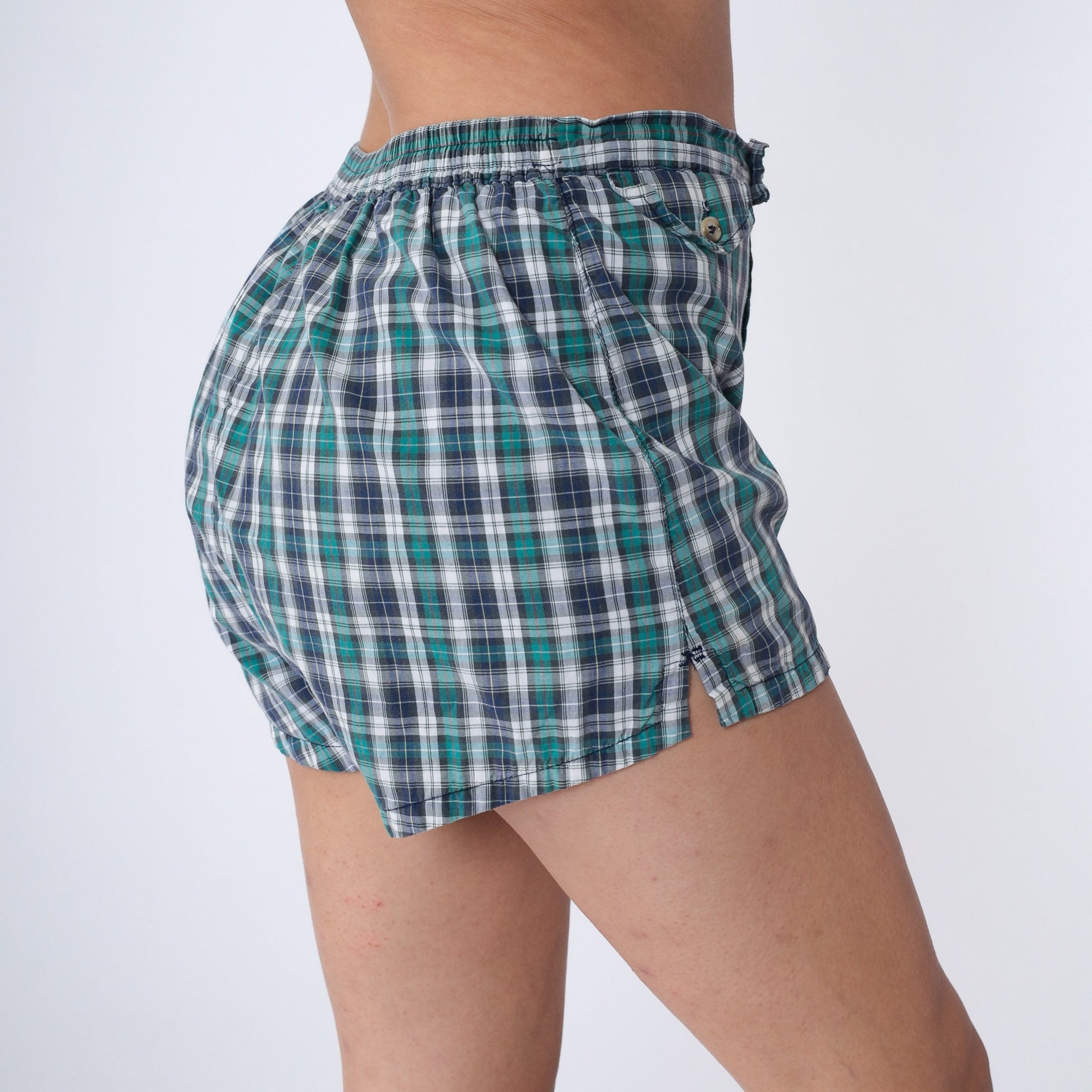 80s LL Bean Plaid Swim Shorts High Waisted Blue Green White Medium