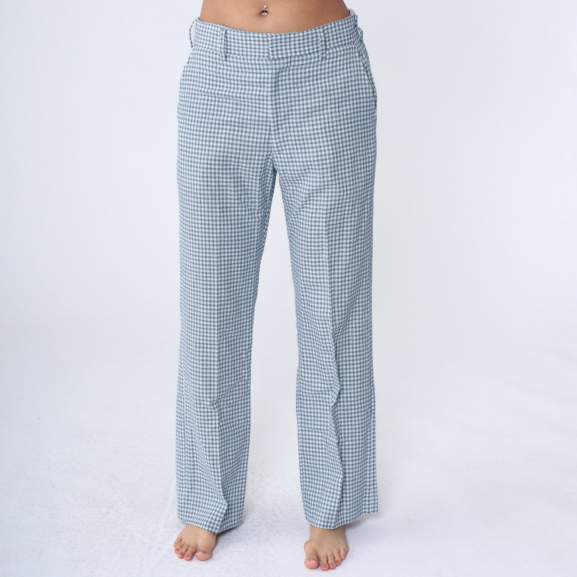 80s Checkered Straight Leg Trousers White Blue Navy Plaid Mid Rise Medium
