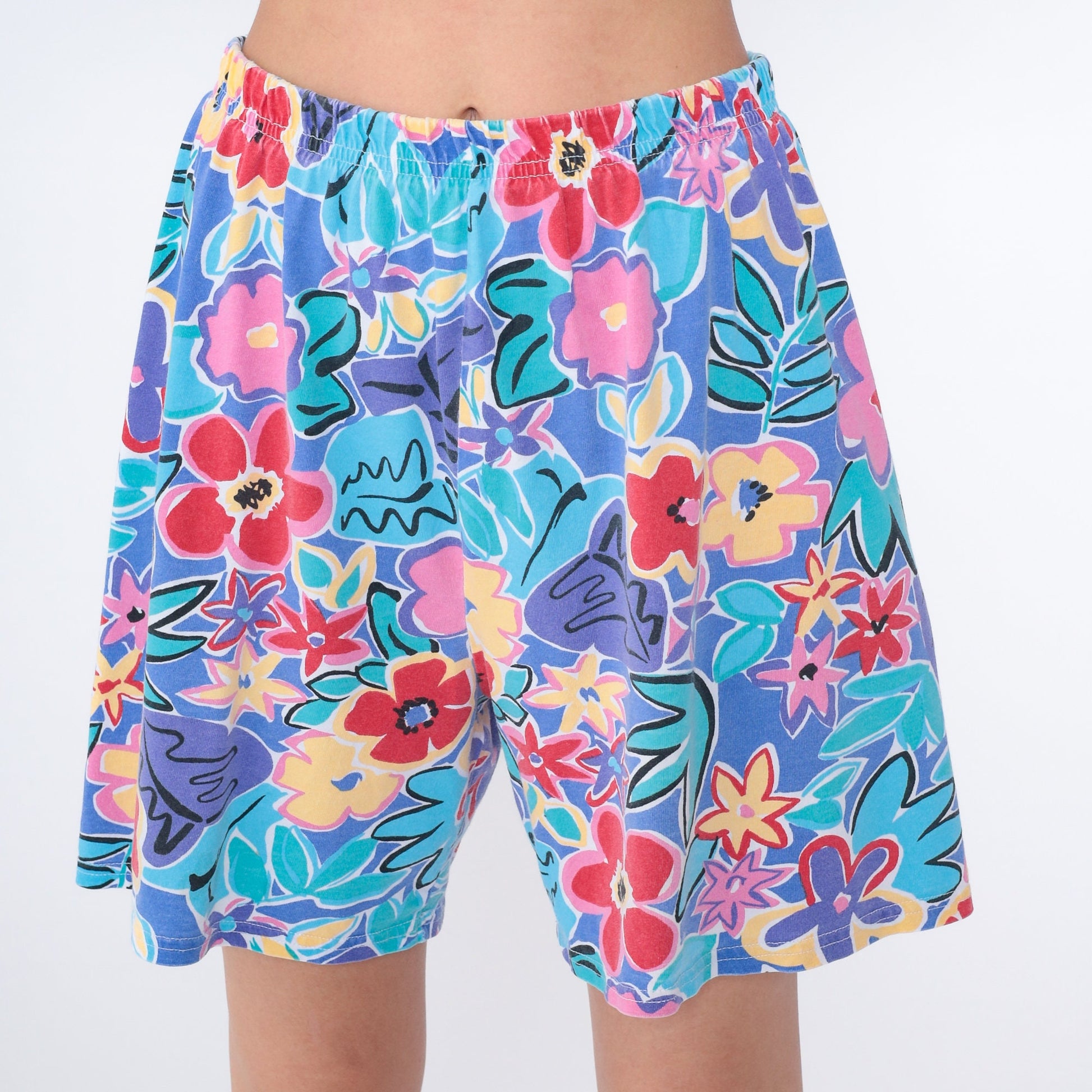 90s Tropical Floral High-Waist Wide-Leg Shorts Purple Blue Medium
