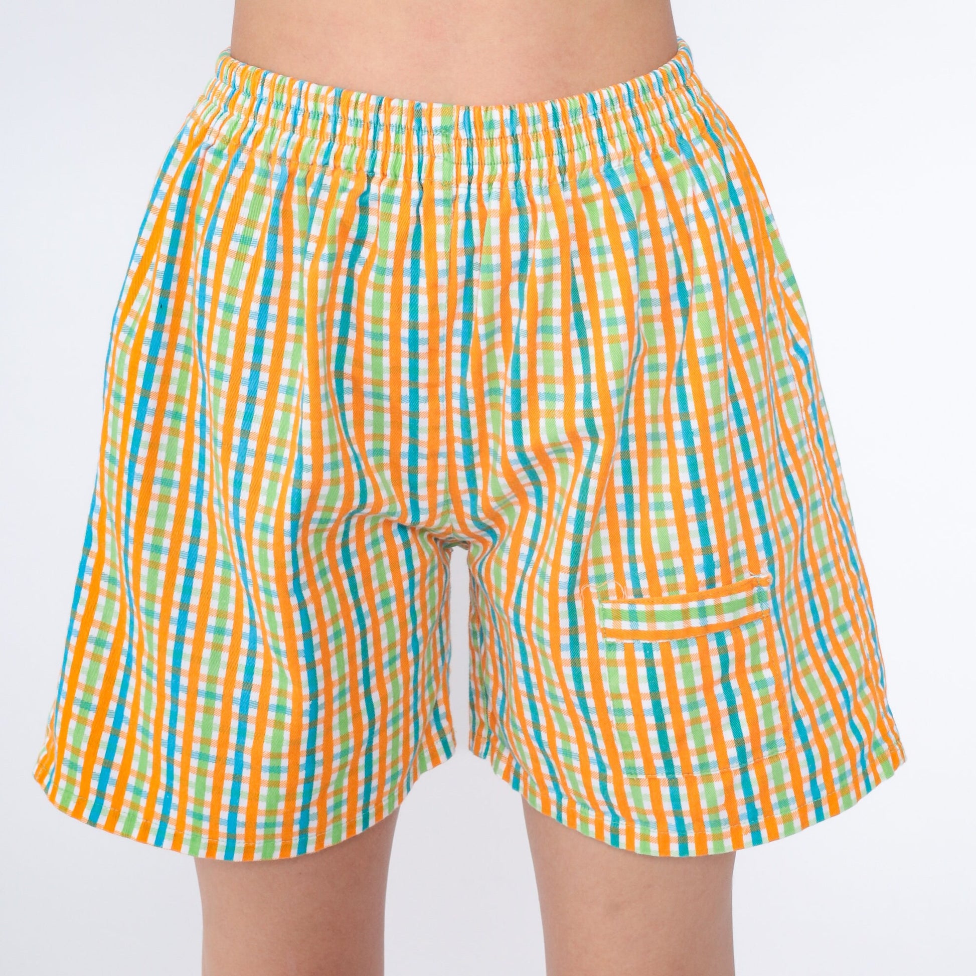 90s Plaid High-Waist Shorts Checkered Cotton Orange Green Blue Extra Small