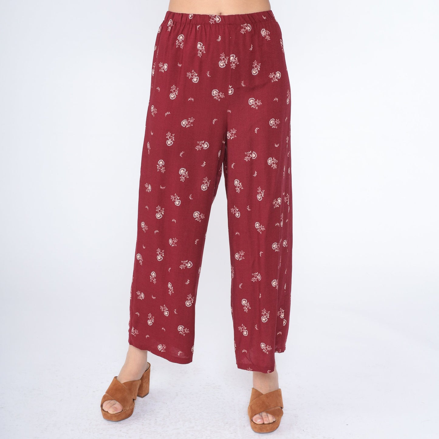 90s All That Jazz Red Floral High-Waist Cropped Pants Small S