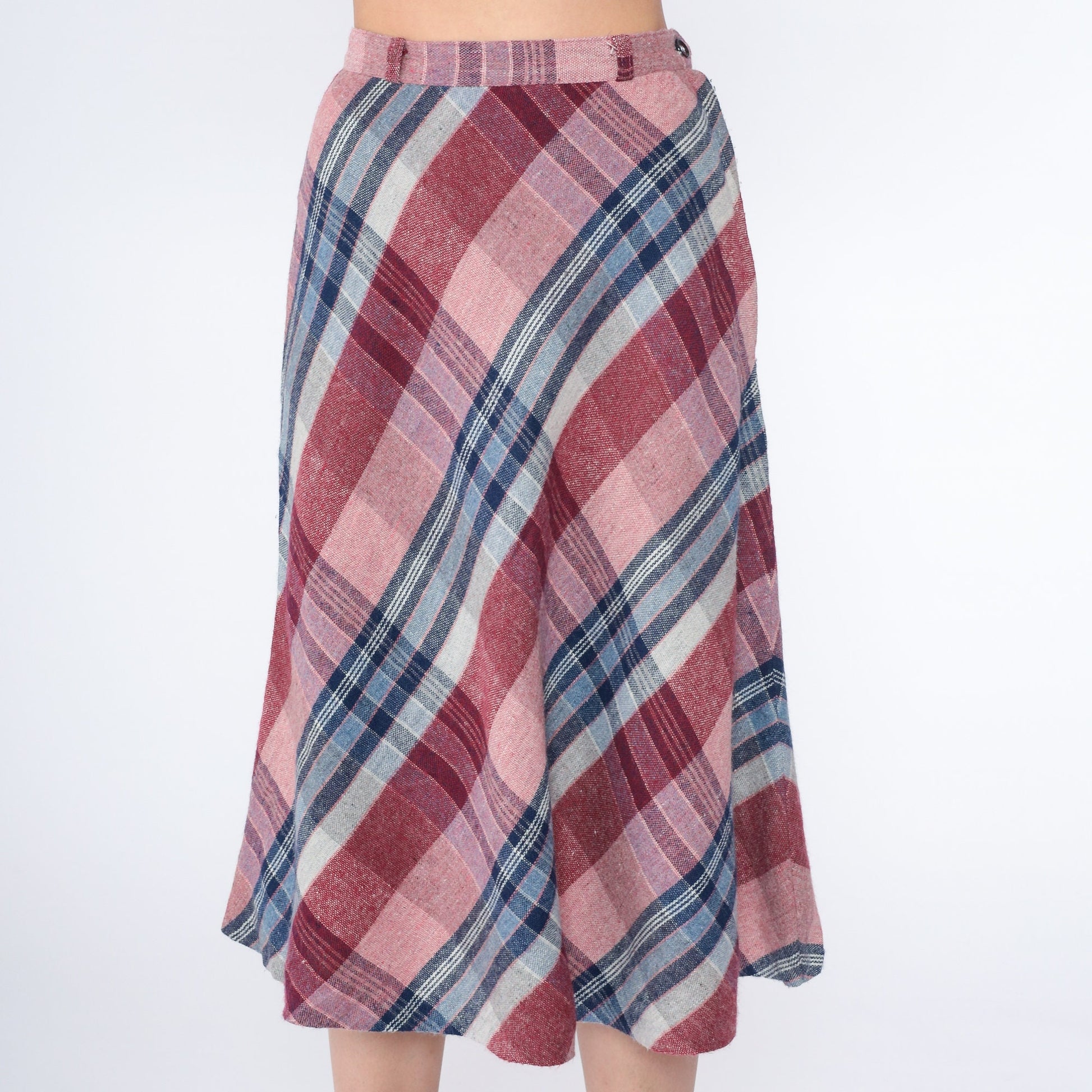 80s Plaid Midi Skirt High Waist A-Line Pink Red Blue Tartan Extra Small XS