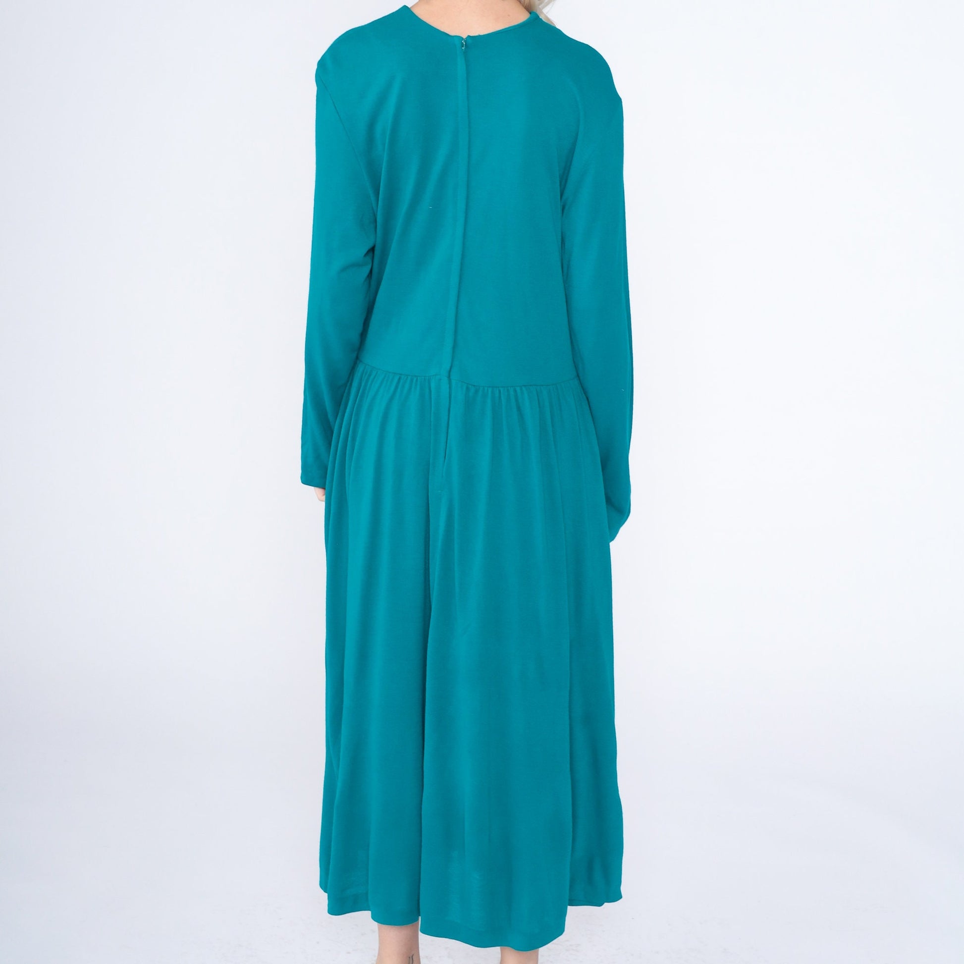 90s Teal Floral Lace Applique Maxi Dress Long Sleeve Low Waist Ankle Length Extra Large