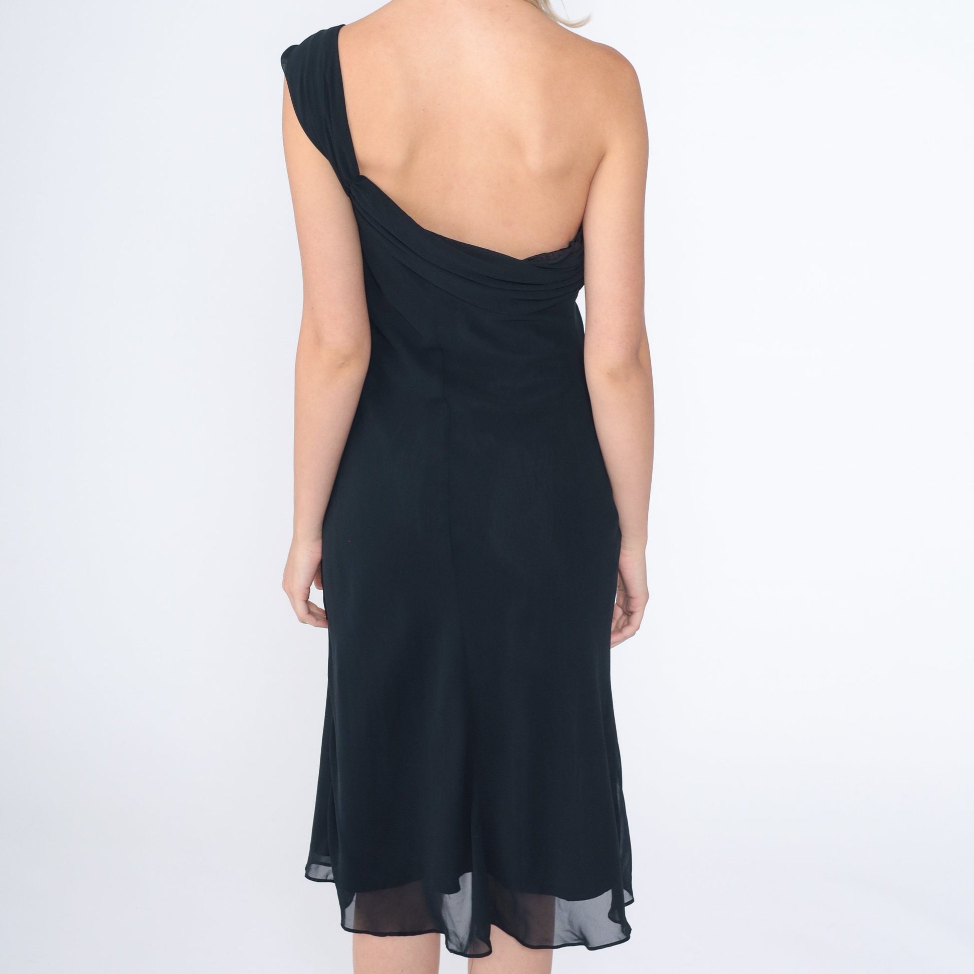 90s Black One-Shoulder Midi Dress Rhinestone Brooch Party Formal Extra Small