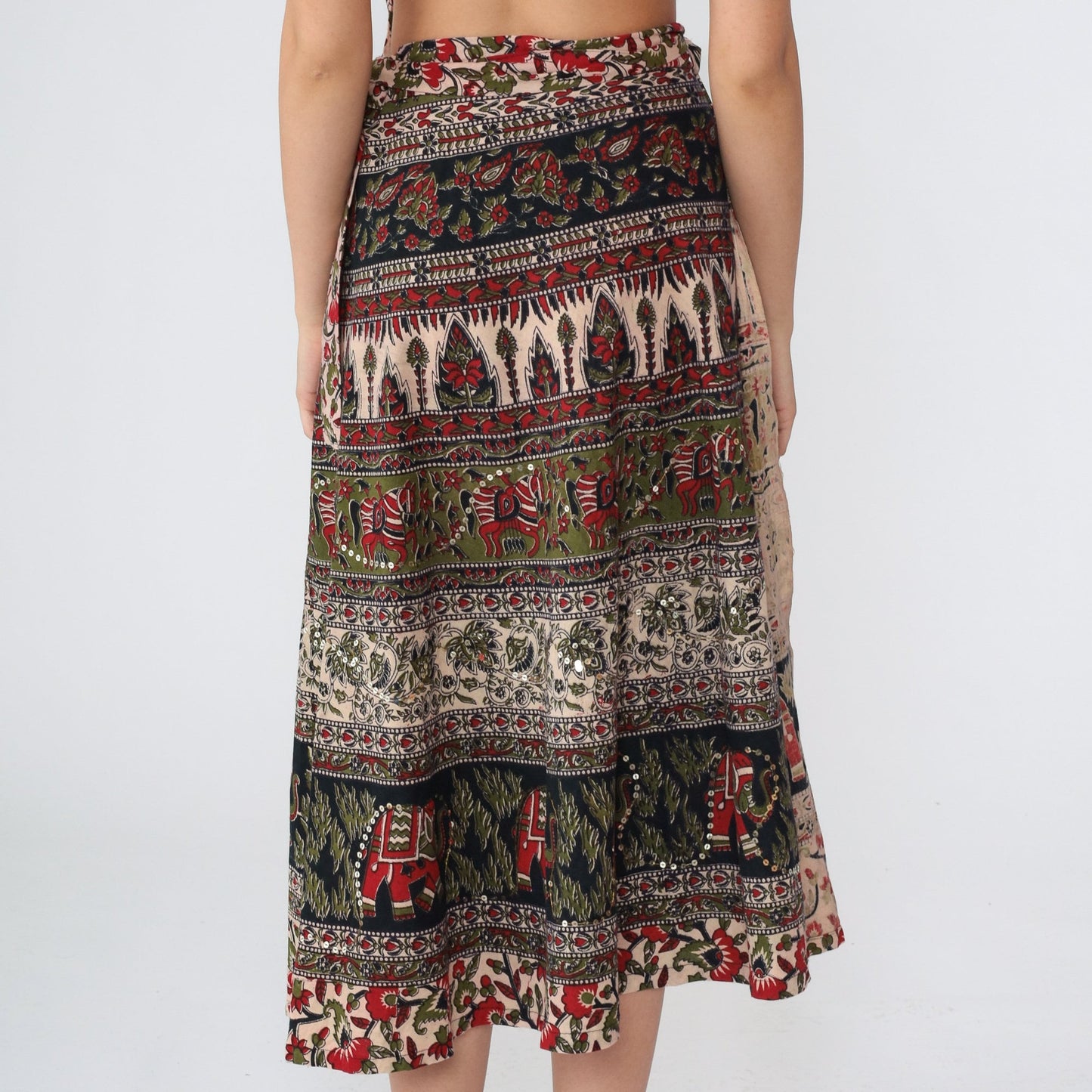 90s Indian Batik Wrap Midi Skirt Floral Elephant Horse Print