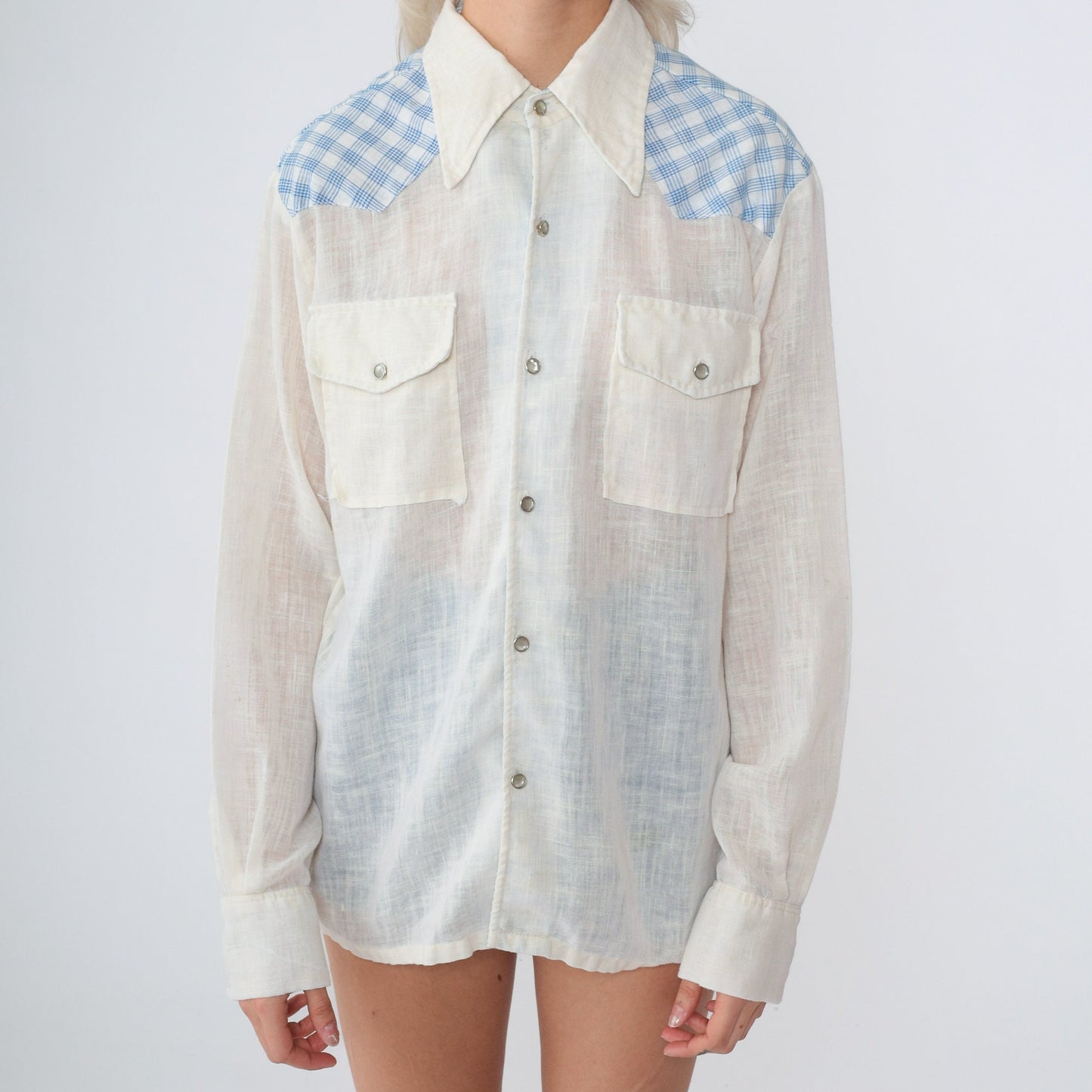 70s Western Pearl Snap Shirt Checkered Gauze Off-White Blue Plaid Medium