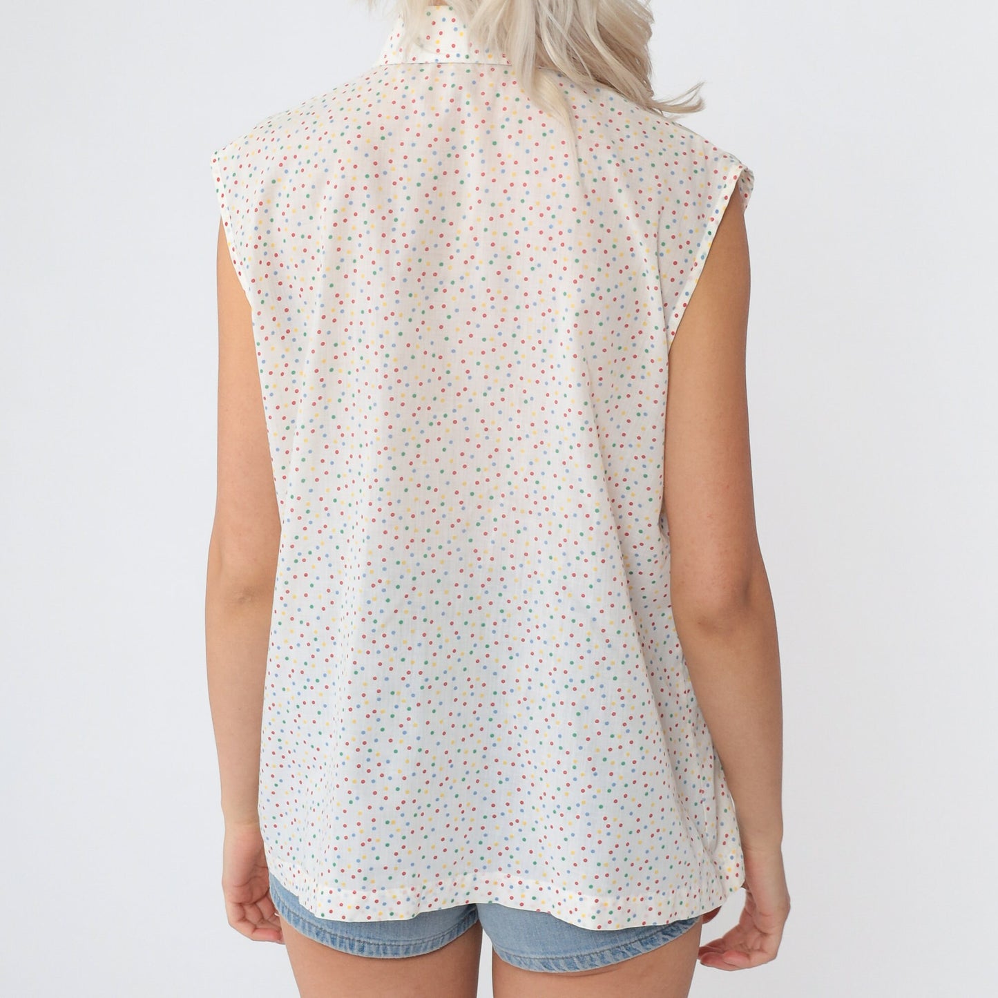 80s Polka Dot Sleeveless Blouse White Multicolor Button-Up Collared Tank Large L