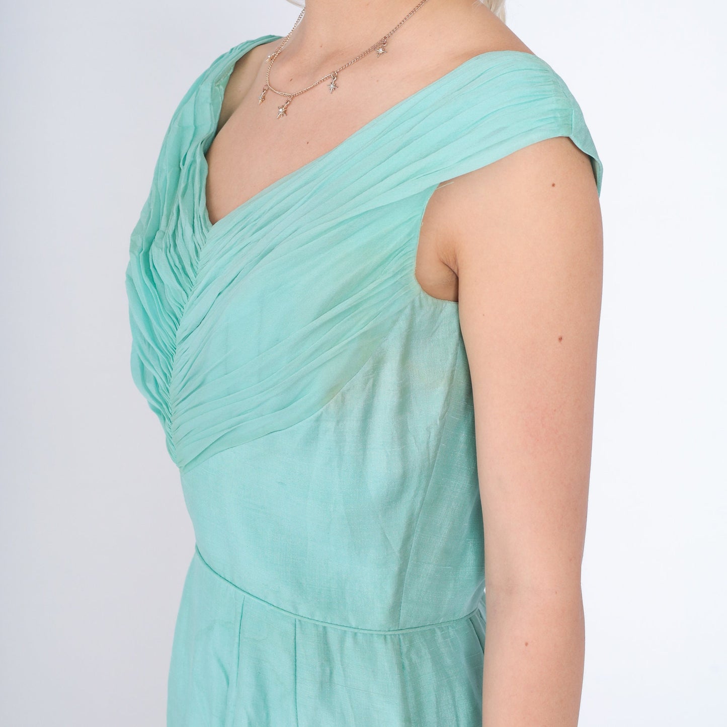 60s Mint Silk Dress Sleeveless Mini Pleated High Waist Sheath Small S