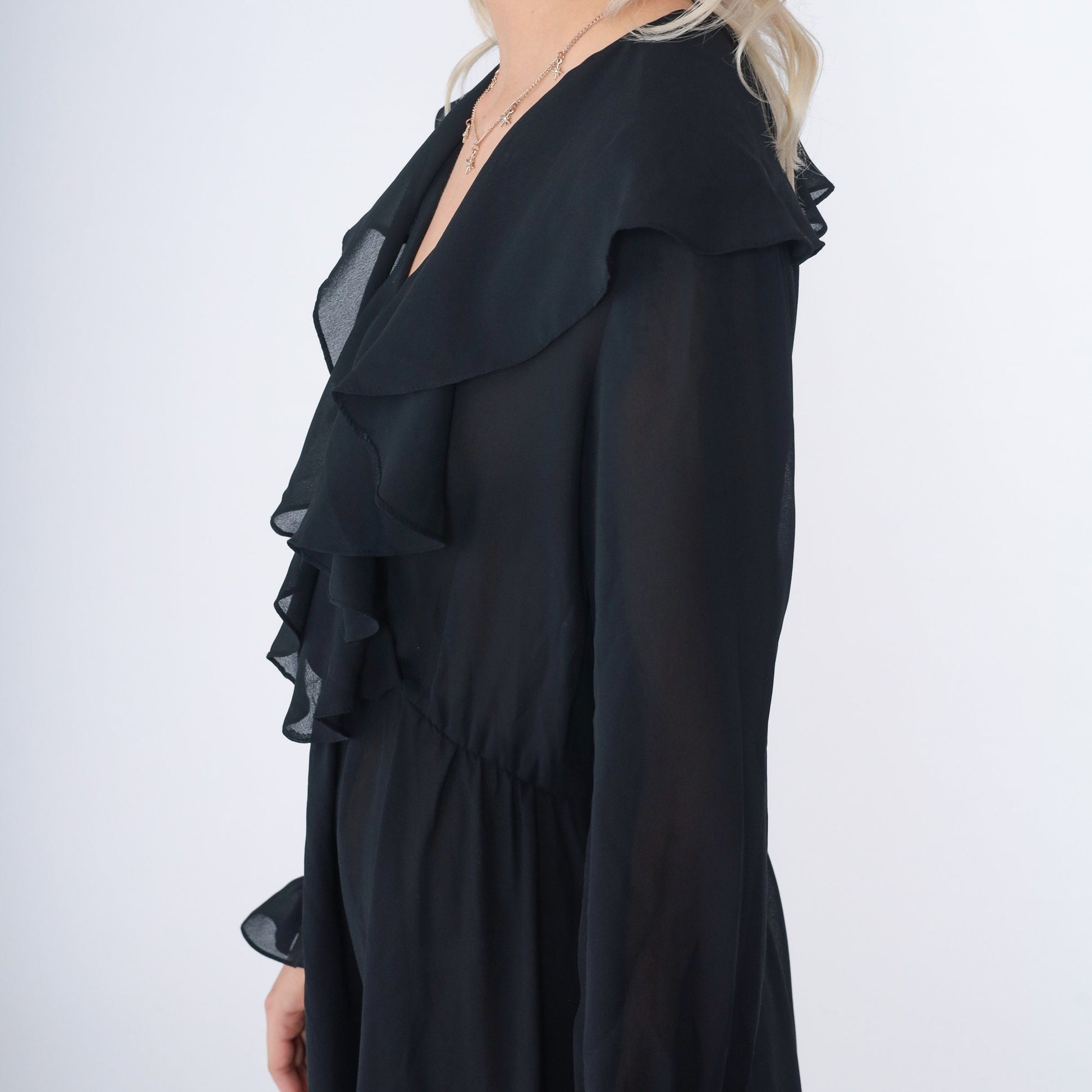 90s Black Midi Dress Ruffled High Waist Long Sleeve Semi-Sheer Small