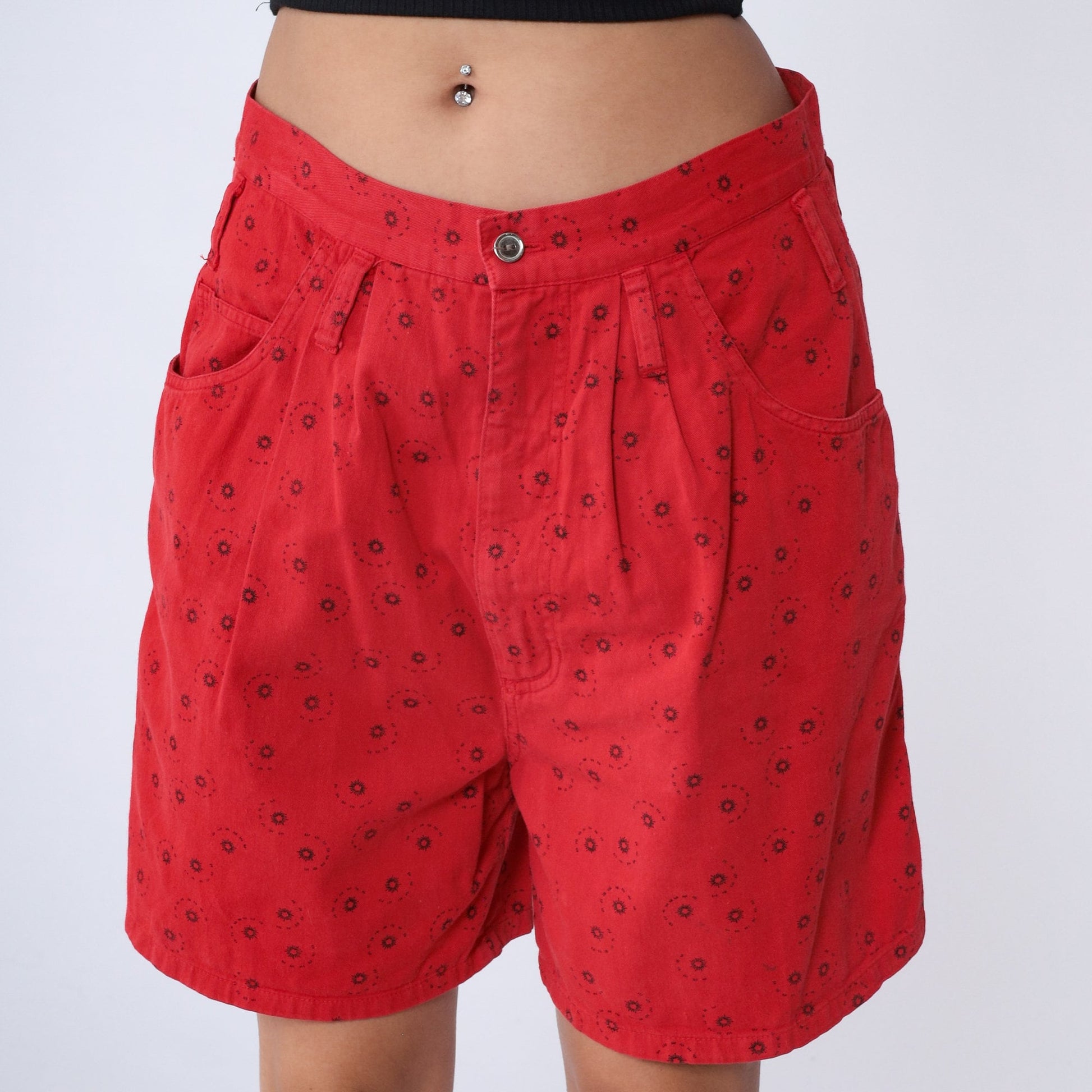 90s Express Red Celestial Pleated High-Waist Shorts Cotton Medium