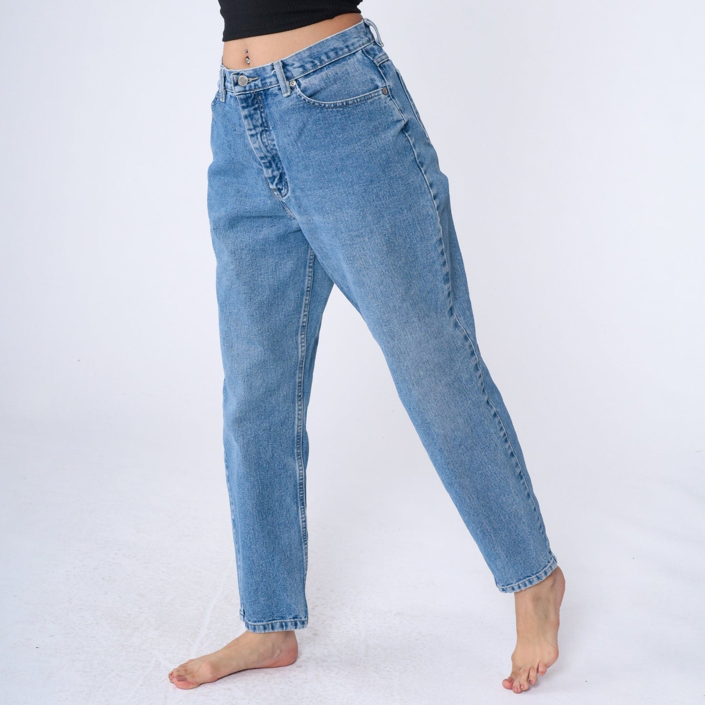 90s Mom Jeans High Rise Tapered Denim Stone Wash Blue Medium