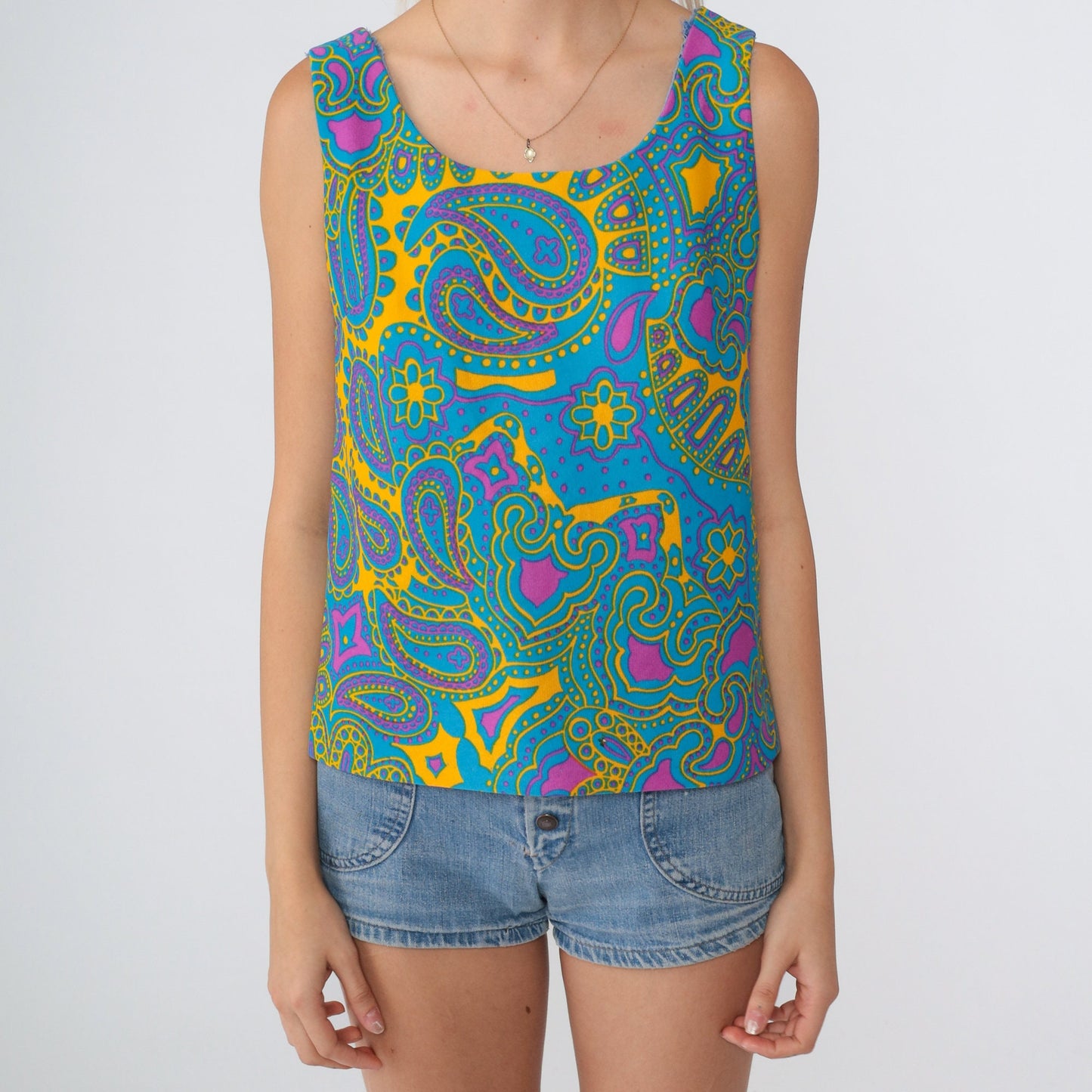 70s Paisley Floral Tank Top Sleeveless Blouse Yellow Blue Pink Extra Small