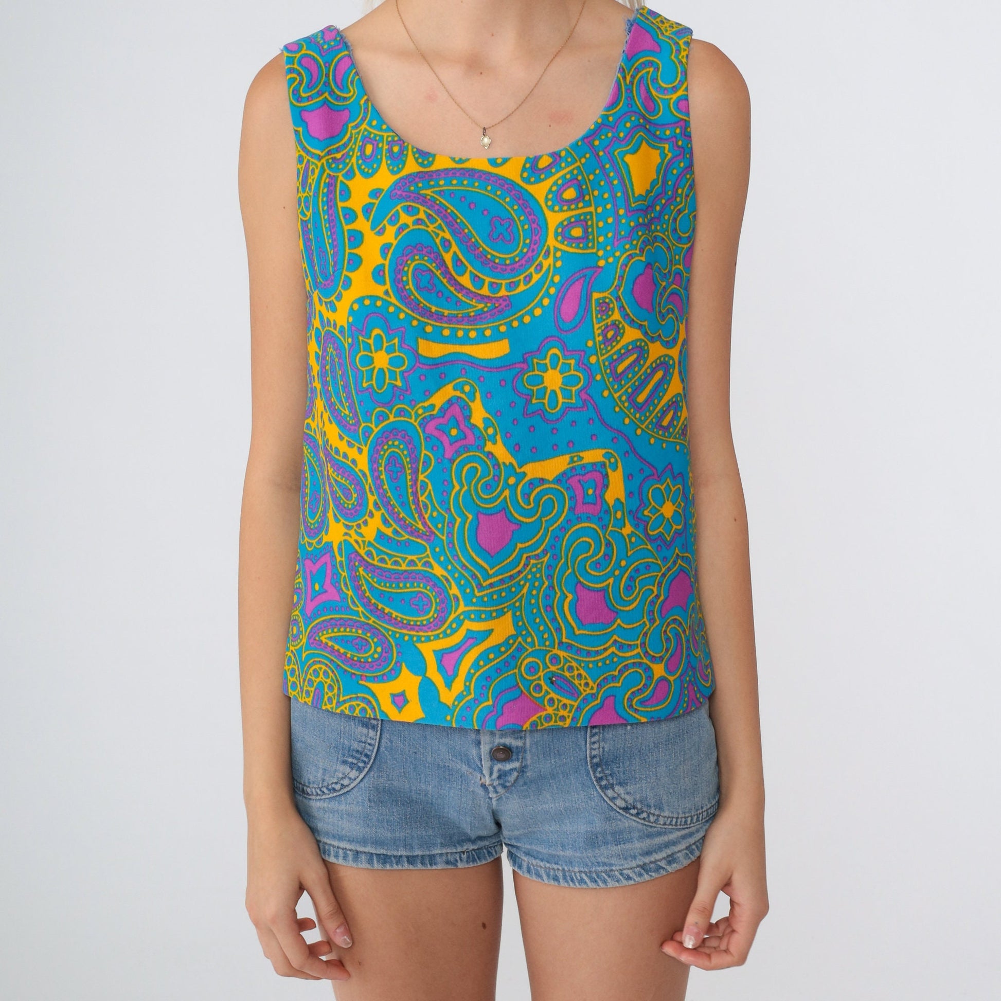 70s Paisley Floral Tank Top Sleeveless Blouse Yellow Blue Pink Extra Small