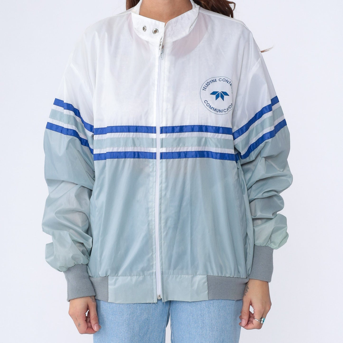 80s Teledyne Controls Windbreaker Aircraft Jacket Grey White Stripe Extra Large XL