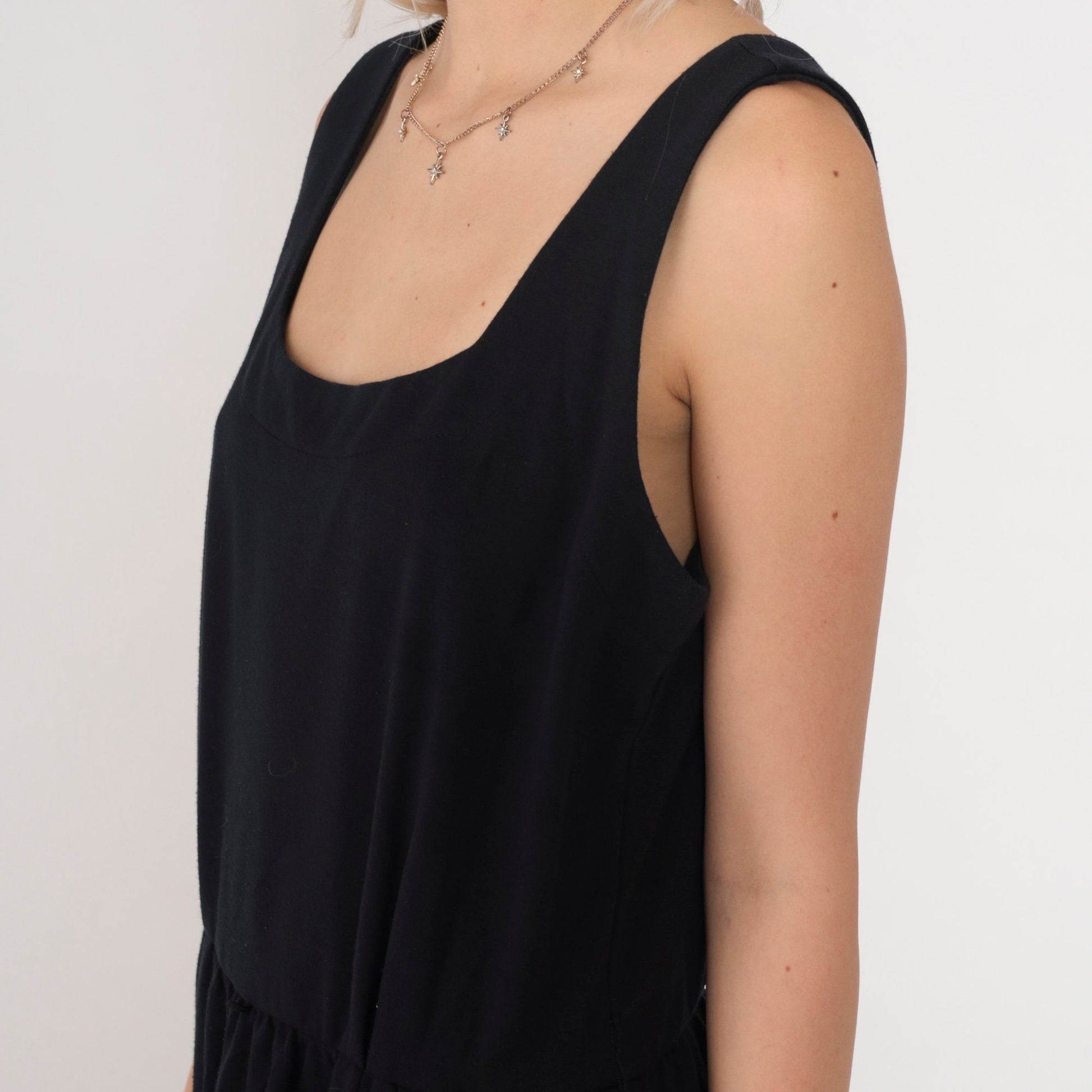 90s Black Midi Tank Dress High Waist Sleeveless Scoop Neck Large