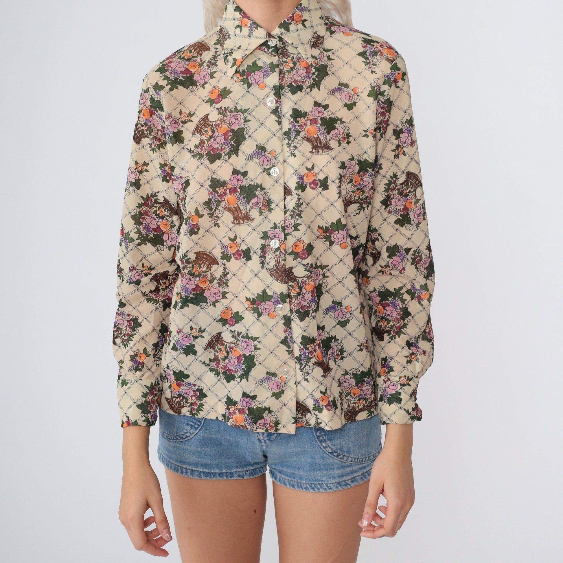 70s Holiday of California Checkered Floral Button-Up Blouse Cream Small