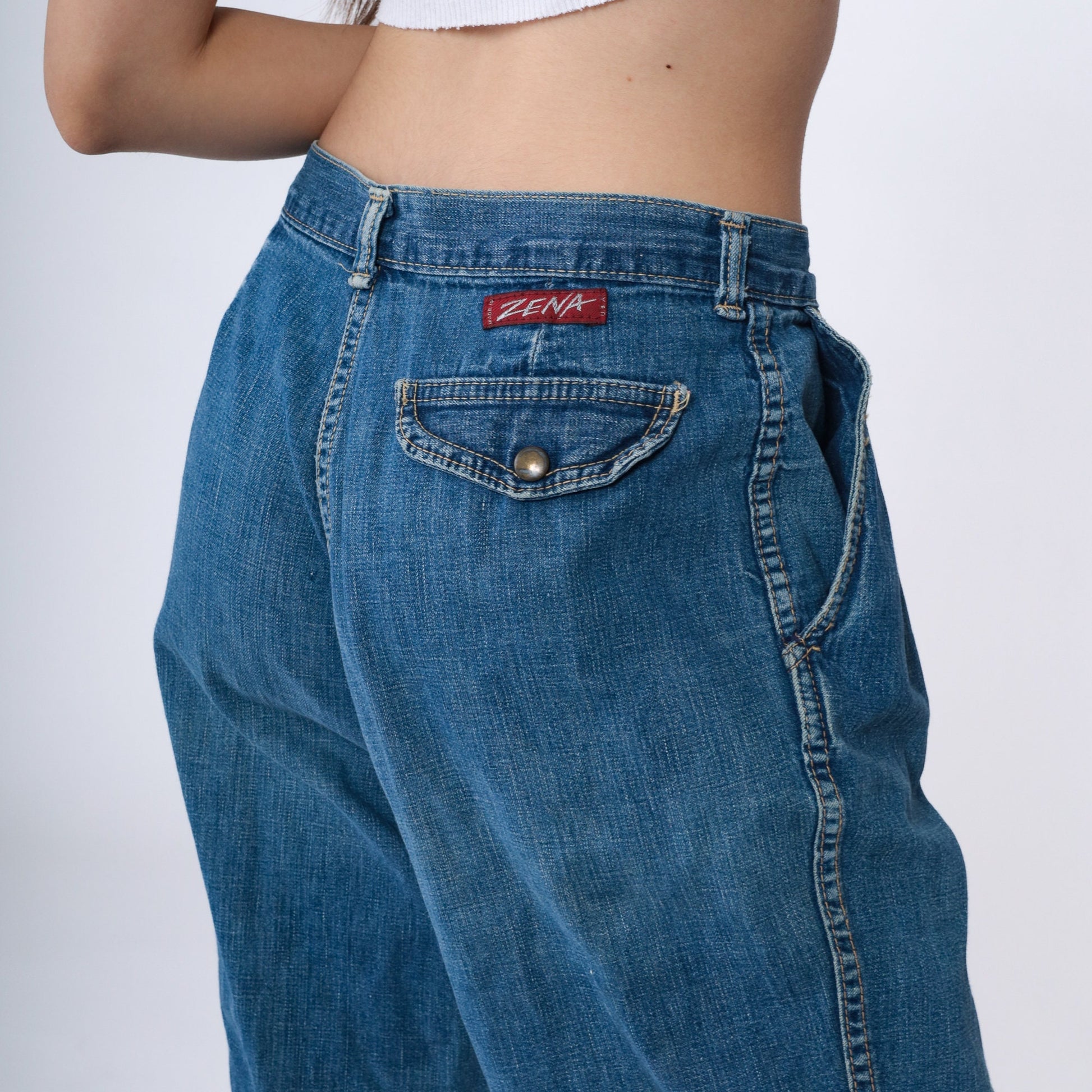 90s Zena High Rise Pleated Straight Leg Jeans Blue Denim Small 28