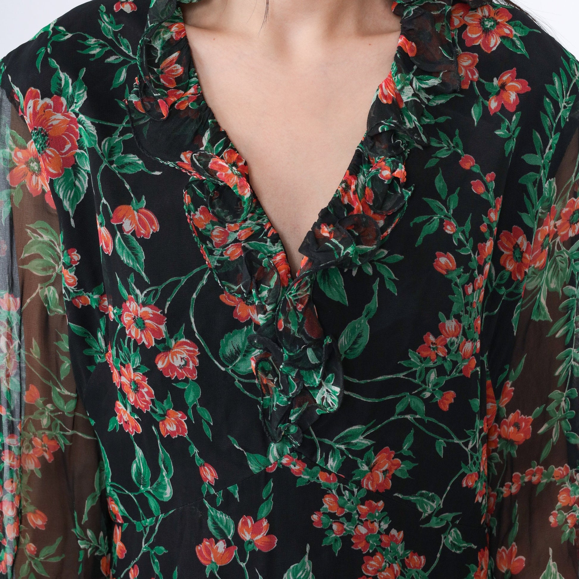 70s Floral Babydoll Mini Dress Empire Waist V-Neck Long Sleeve Black Large