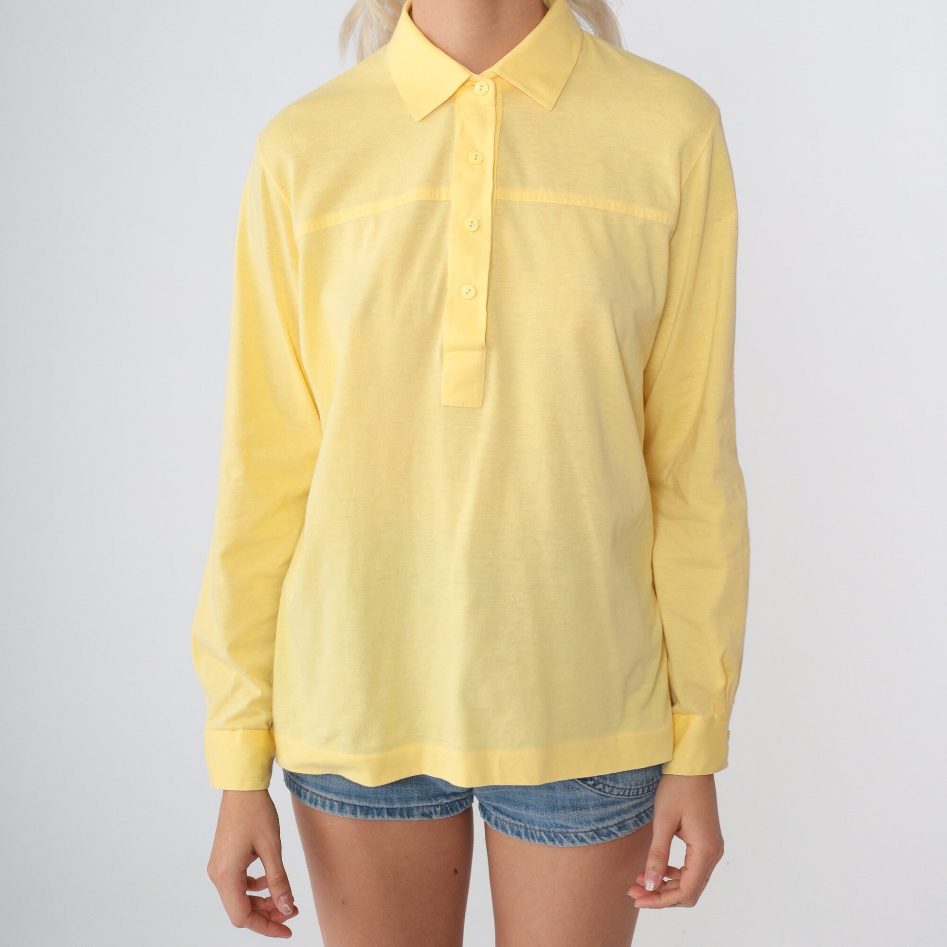 80s Yellow Cotton Blend Button-Up Blouse Collared Long Sleeve Medium