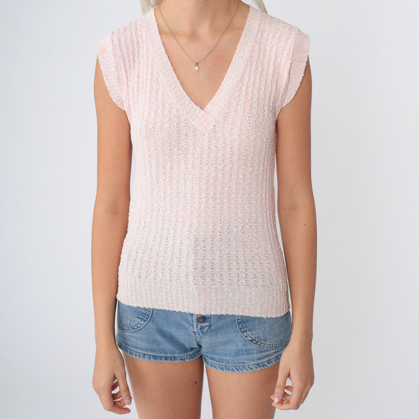 70s Baby Pink Knit Sweater Vest V Neck Cap Sleeve Extra Small XS