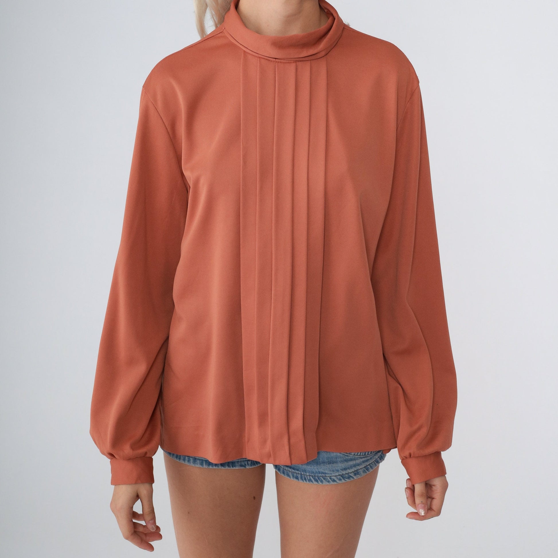 70s Terra Cotta Mockneck Blouse Pleated Balloon Sleeve Secretary Top Large