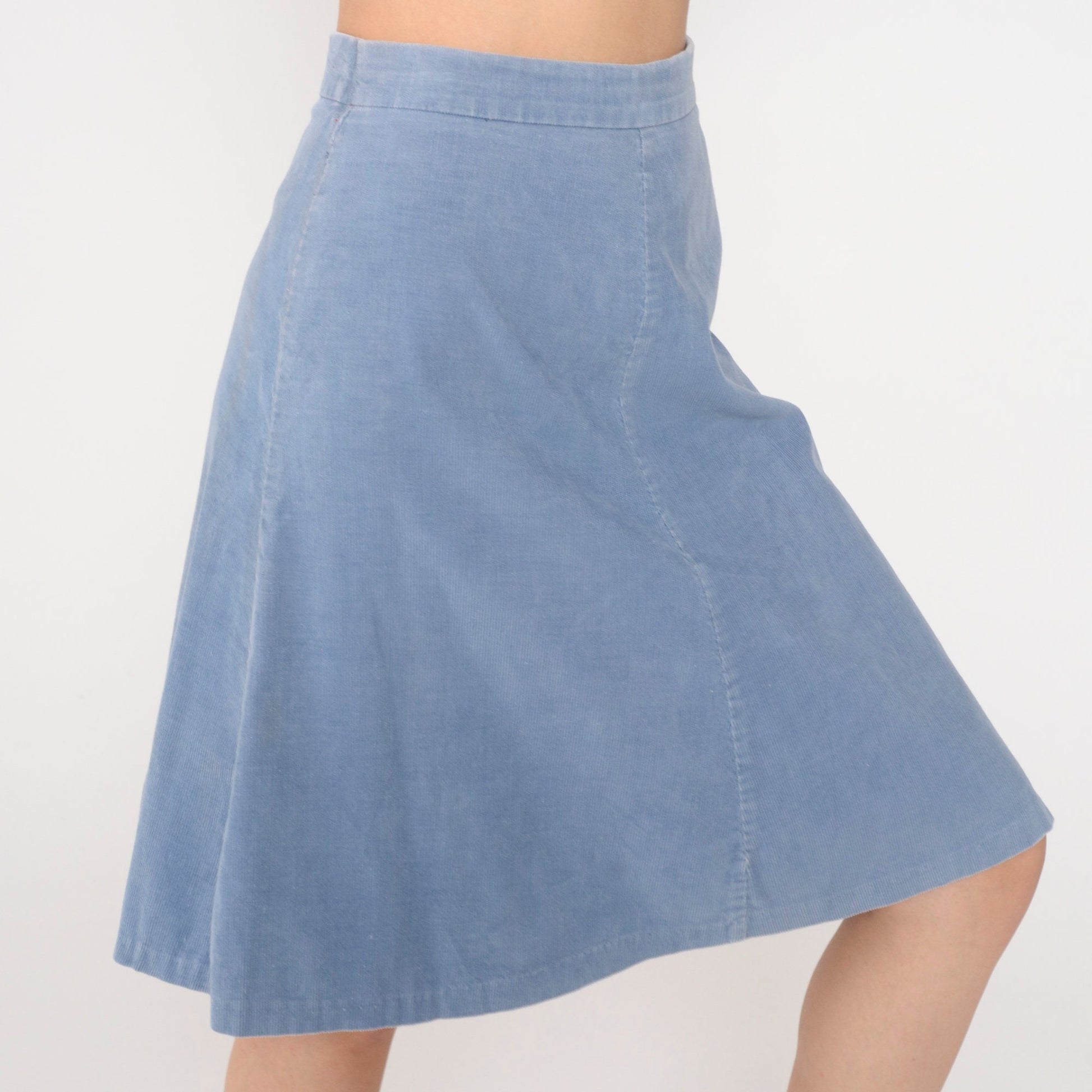 80s Blue Corduroy Midi Skirt High Waist A-Line Small