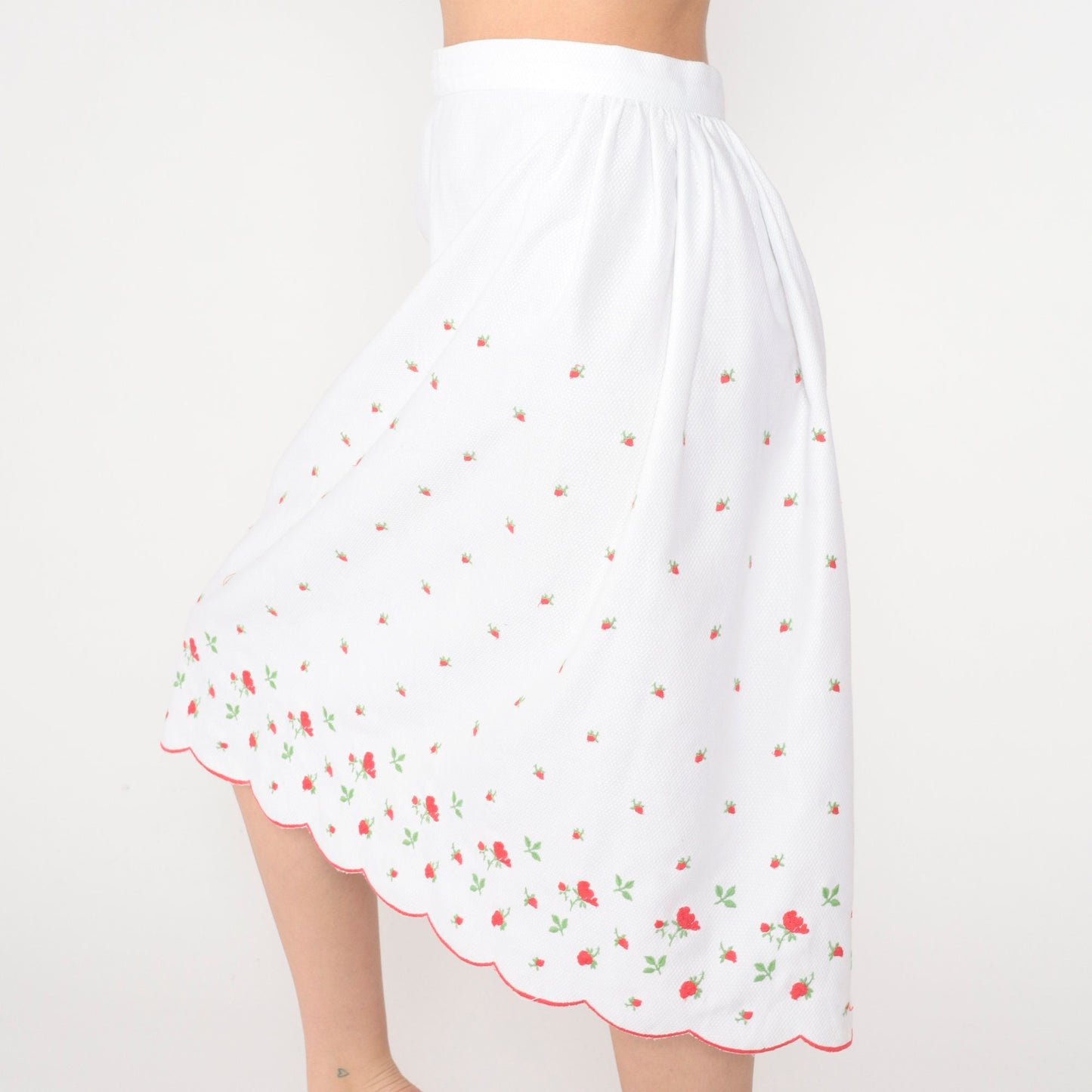 60s White Floral Embroidered Cotton Midi Skirt High Waisted Scalloped Small