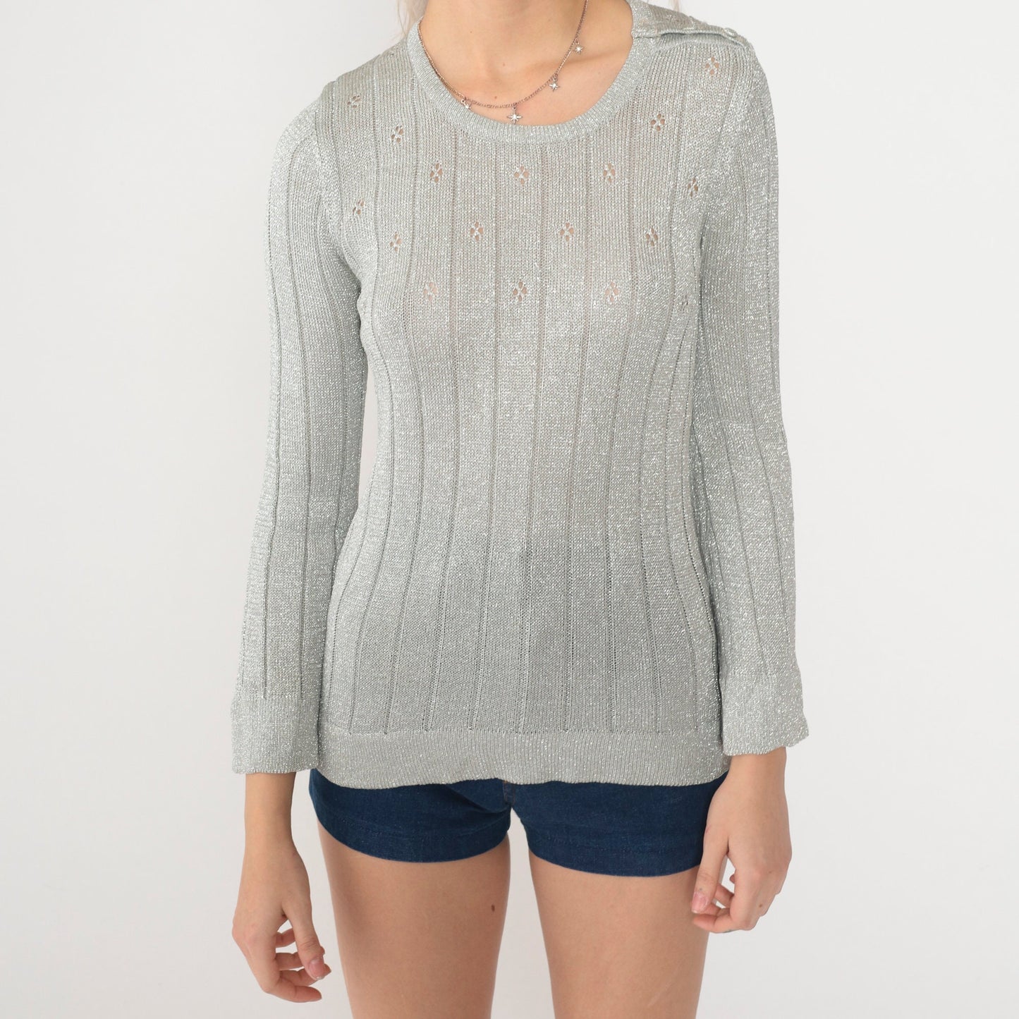 70s Silver Metallic Pointelle Knit Sweater Cutout Chest Pullover Small