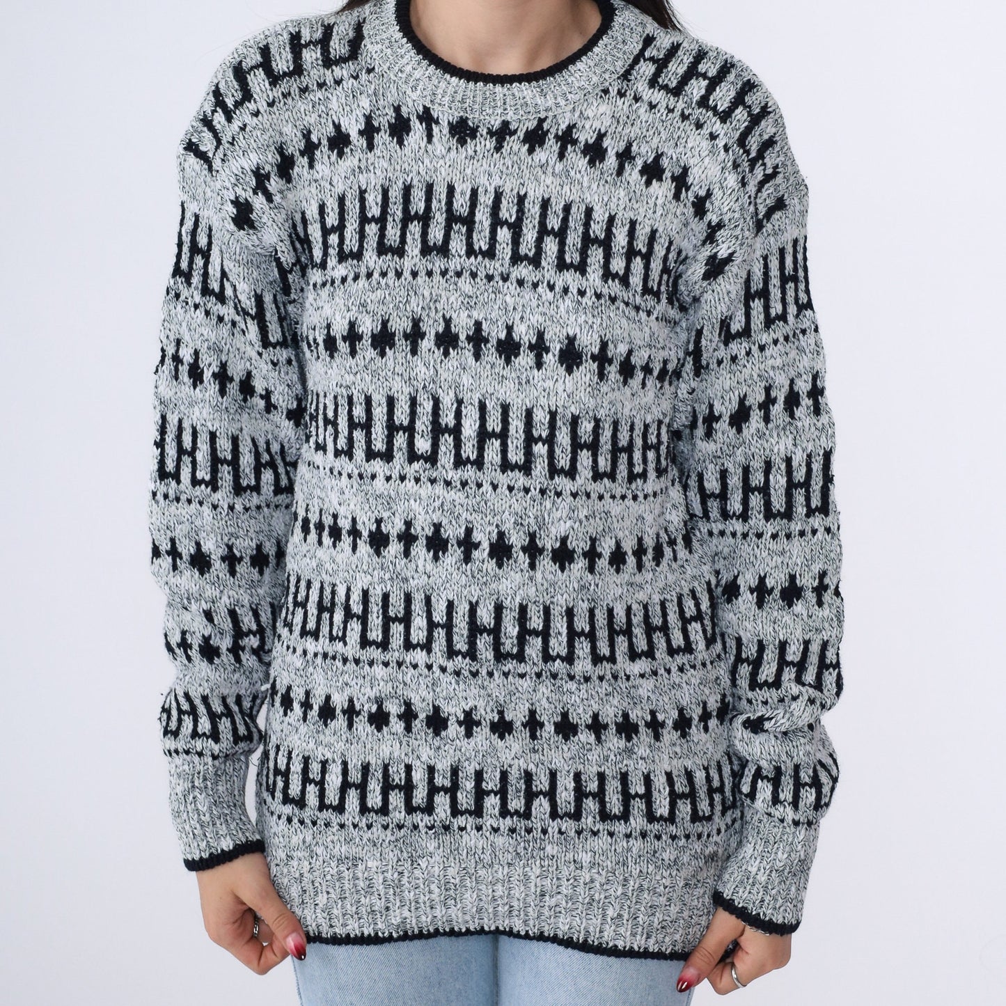 90s Geometric Striped Crewneck Sweater Grey Black Knit Pullover Small