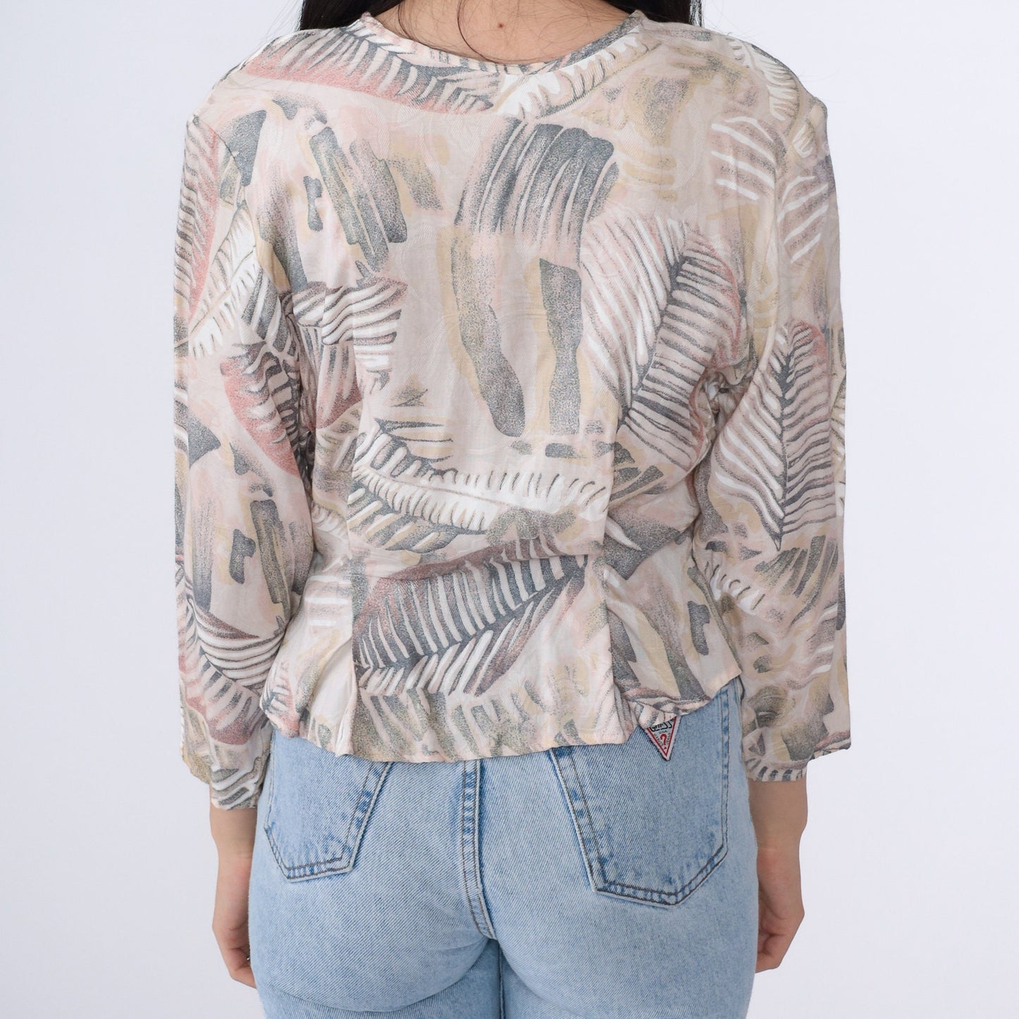 90s Melrose Leaf Print Blouse Beige Button Up 3/4 Sleeve Medium