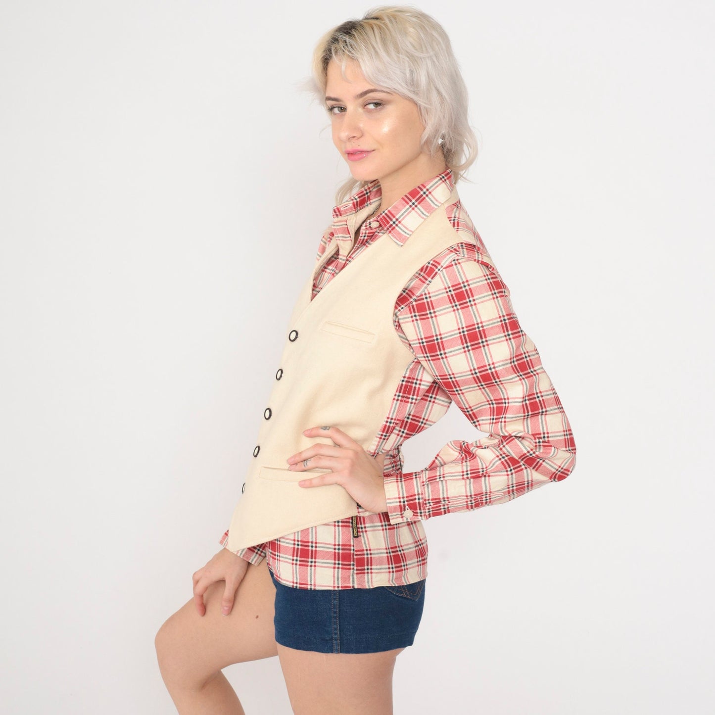 80s Armani Jeans Red Plaid Shirt & Cream Wool Vest Set Small
