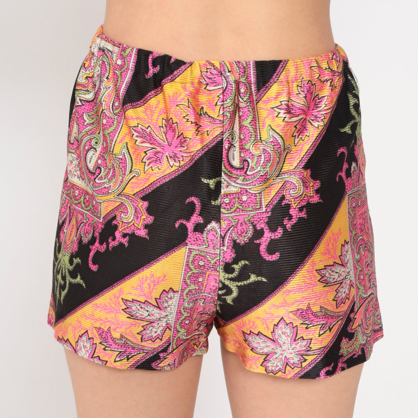 60s Psychedelic Leaf Print Shorts High Waist Neon Pink Black Extra Small