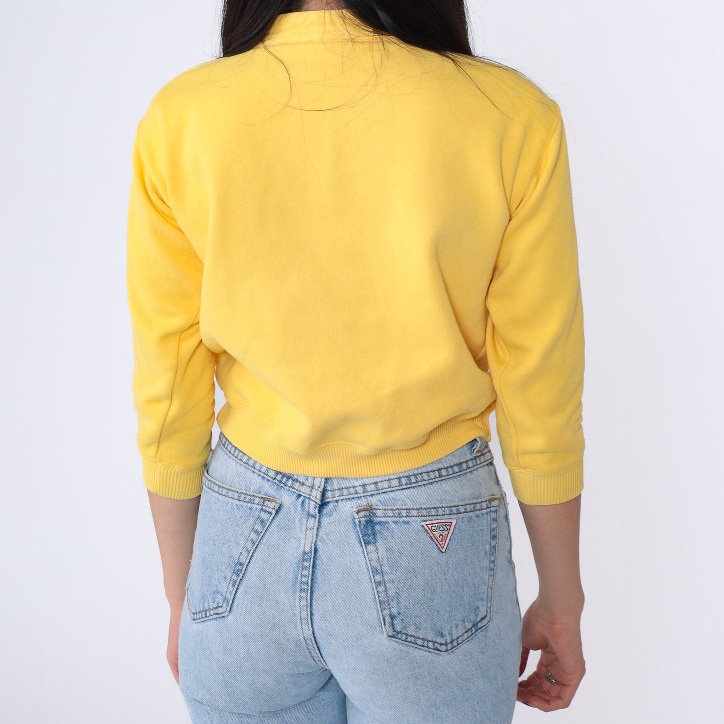 90s Yellow Heart Print Funnel Neck Sweatshirt Cropped Extra Small