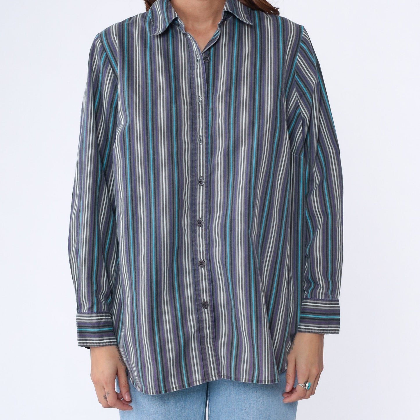 00s Striped Oxford Button-Up Blouse Purple Blue White Long Sleeve Medium