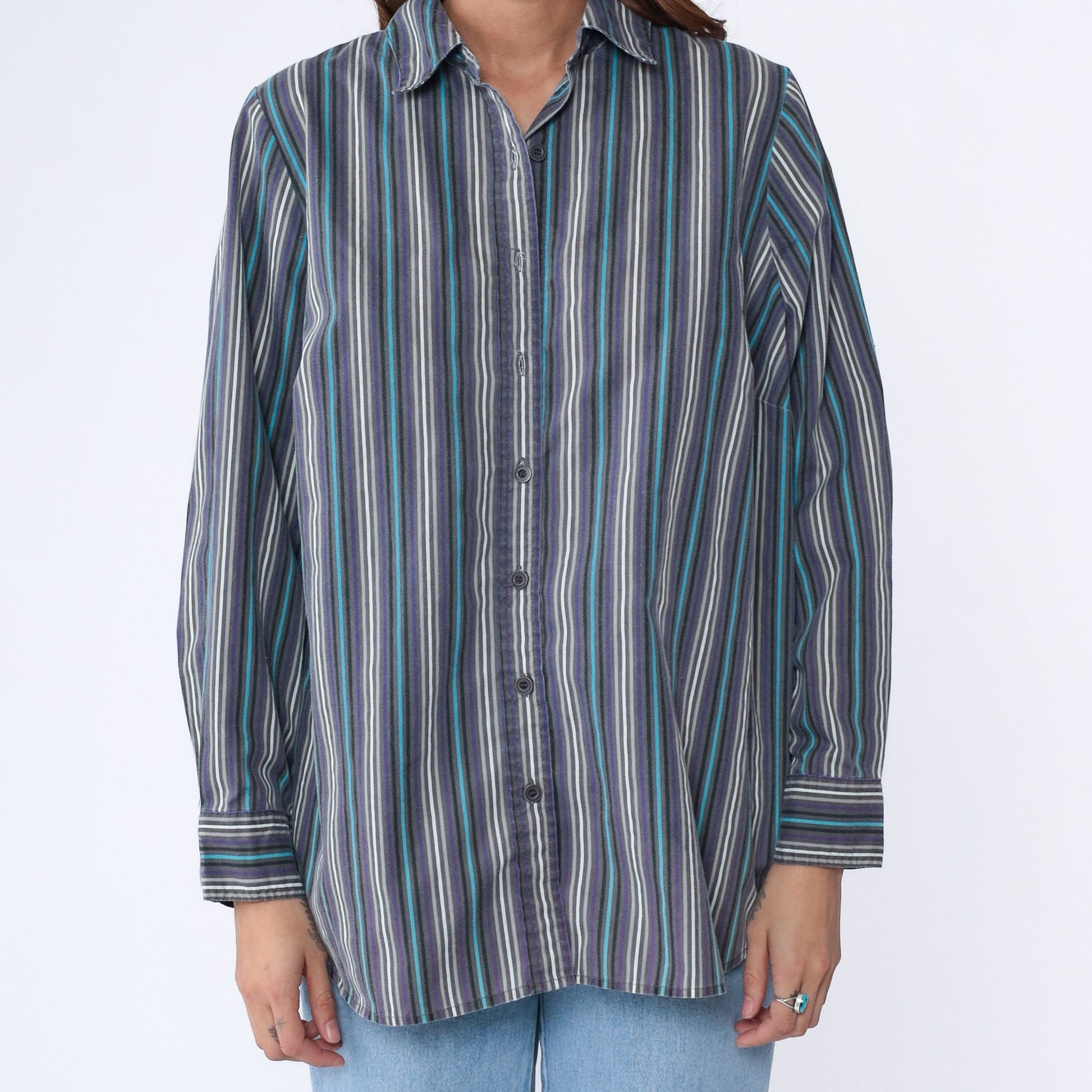00s Striped Oxford Button-Up Blouse Purple Blue White Long Sleeve Medium